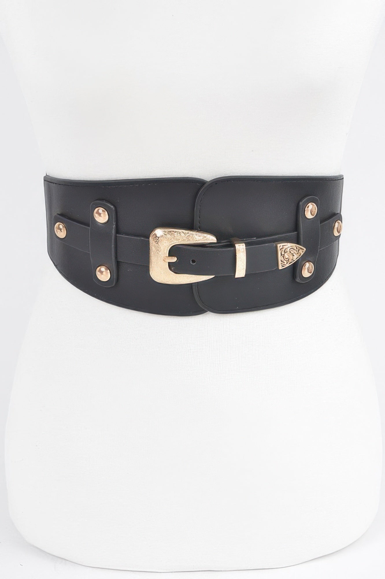 Wide elastic belt with wide buckle, black strap and gold-tone buckle studs