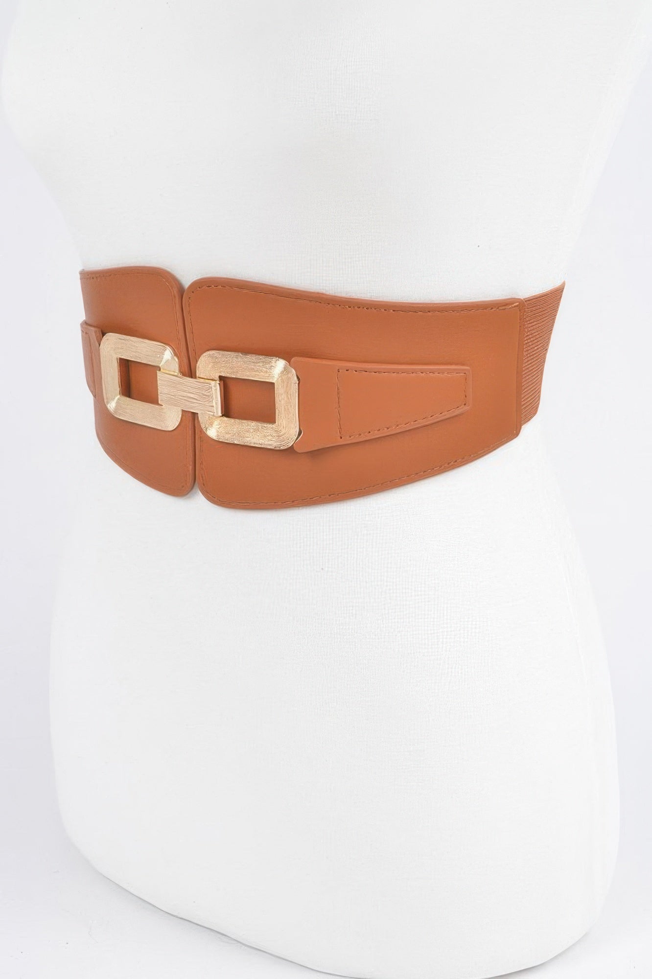 Camel tan elastic waist belt with square silver-tone metal link buckle