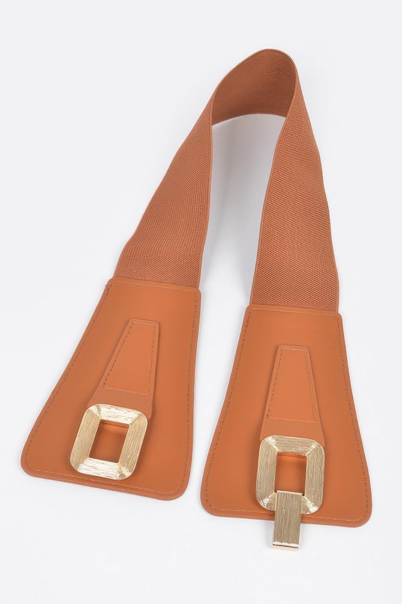 Camel tan elastic belt with square metal buckle and stitched end tabs