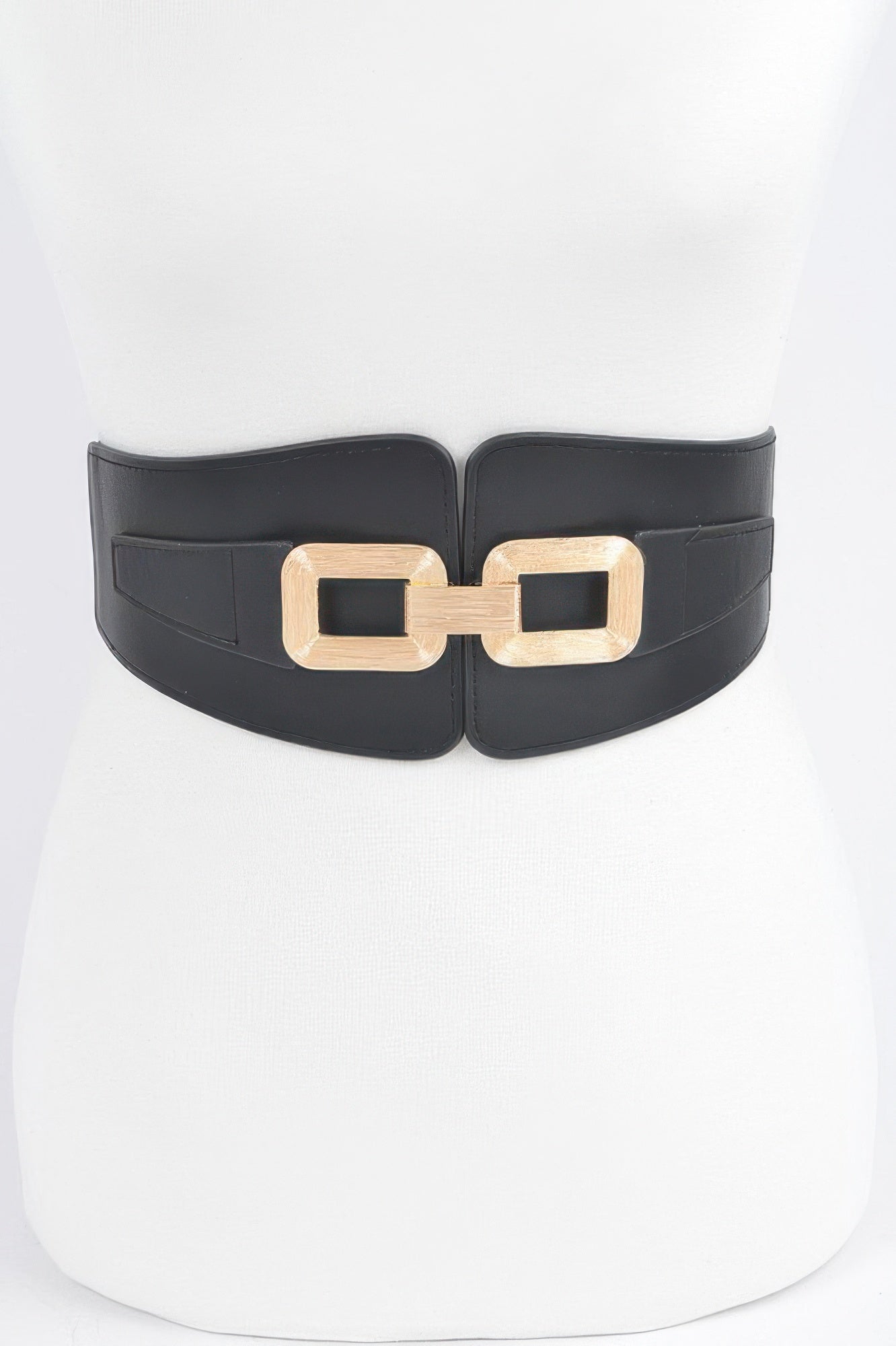 Black wide metal link elastic belt with square silver-tone buckle links
