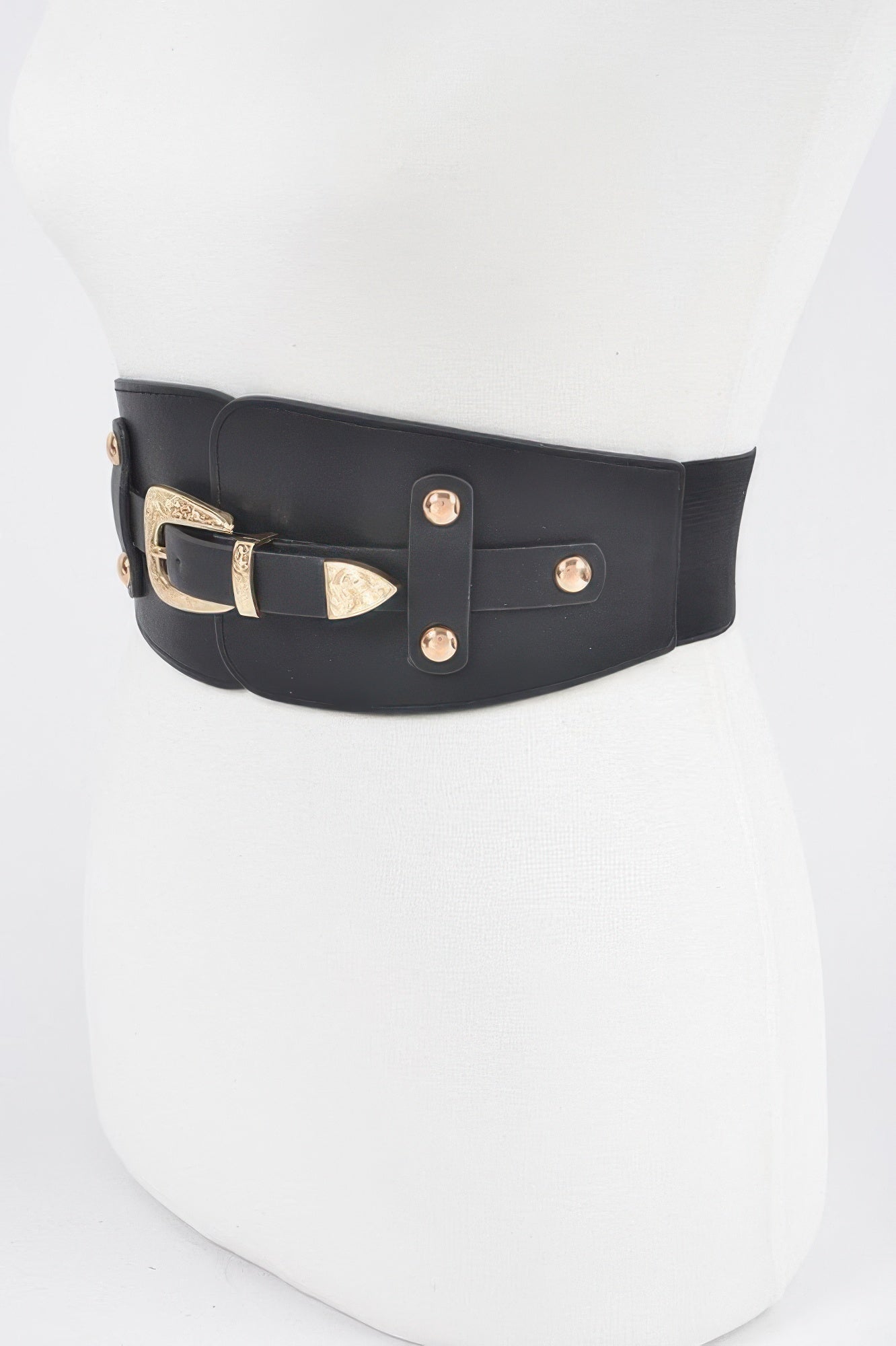 Black wide belt with gold-tone buckle and round rivet hardware