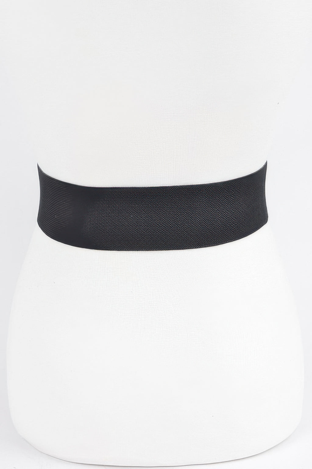 Black wide elastic belt band with curved edge; no buckle shown