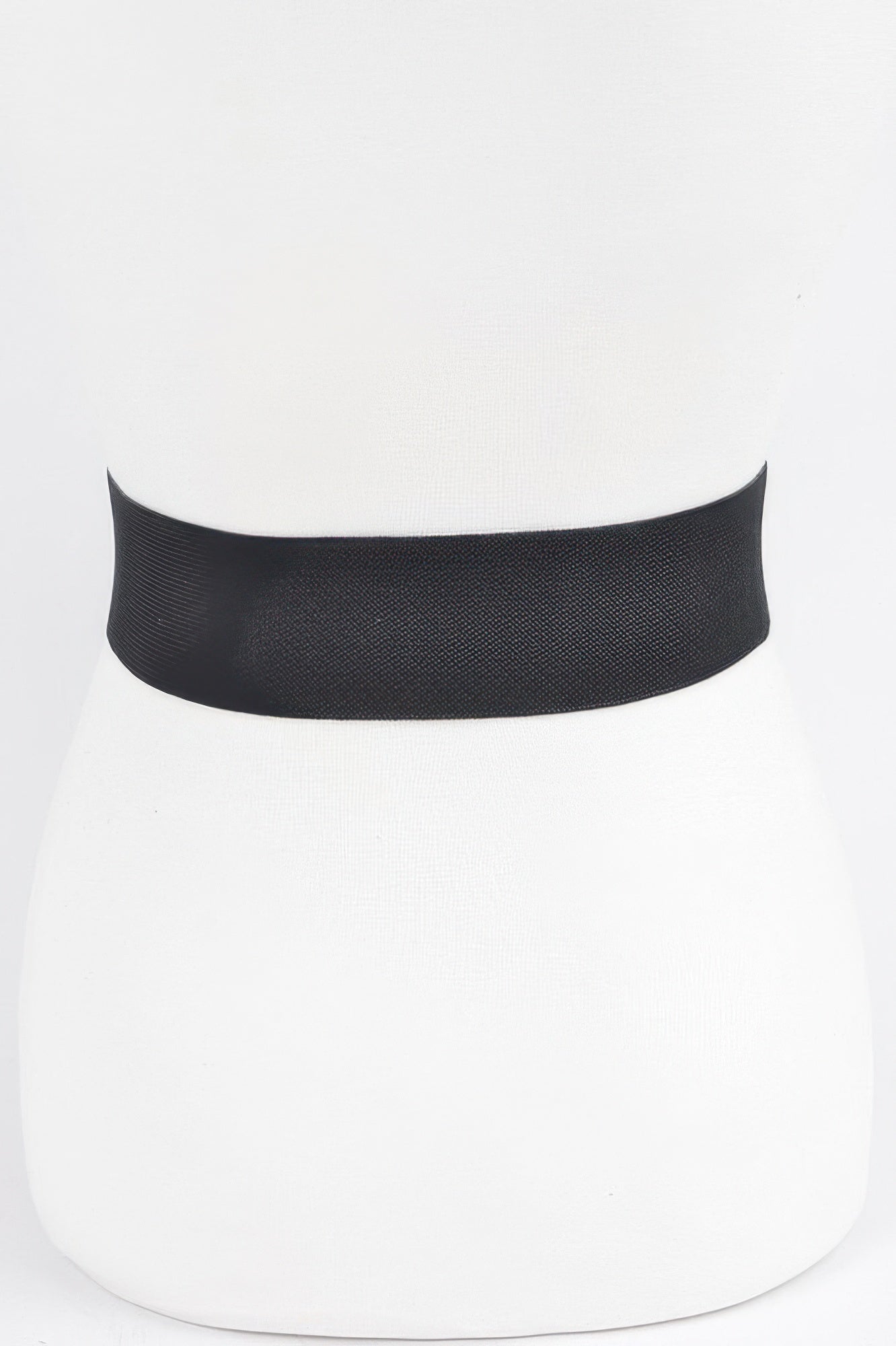 Black wide elastic belt band with curved edge; no buckle shown