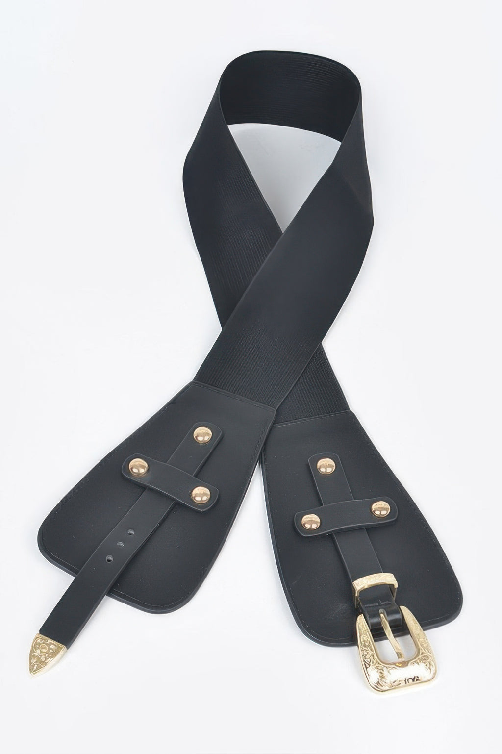 Black elastic belt with grommet holes and gold buckle detail