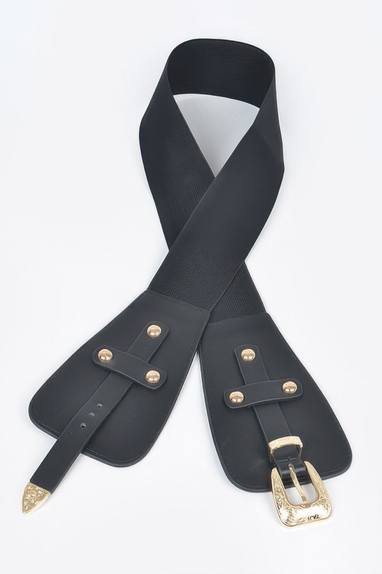 Black elastic belt with grommet holes and gold buckle detail