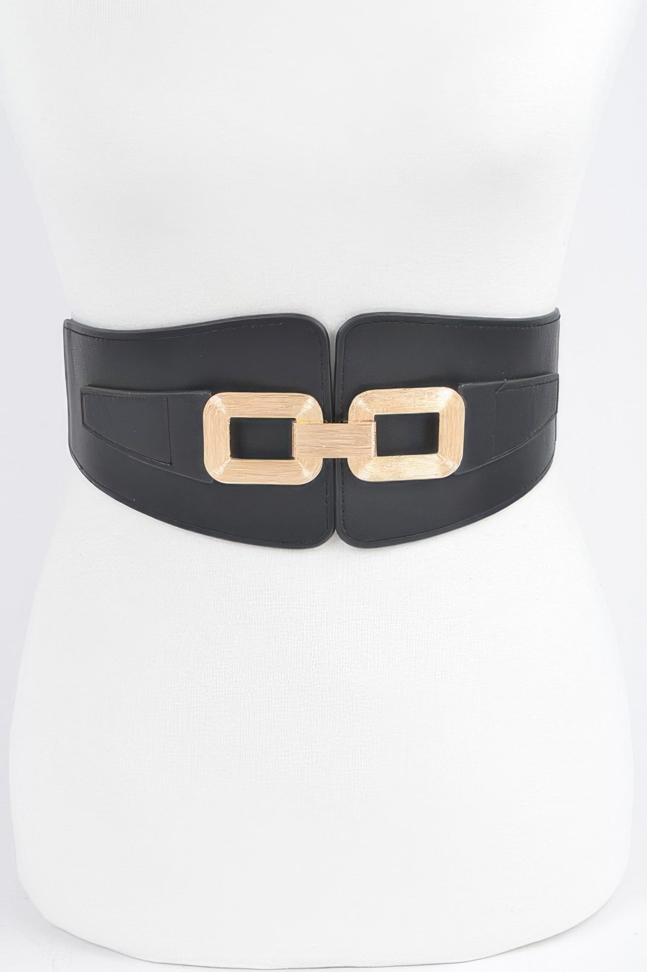 Black wide elastic belt with gold-tone double buckle links