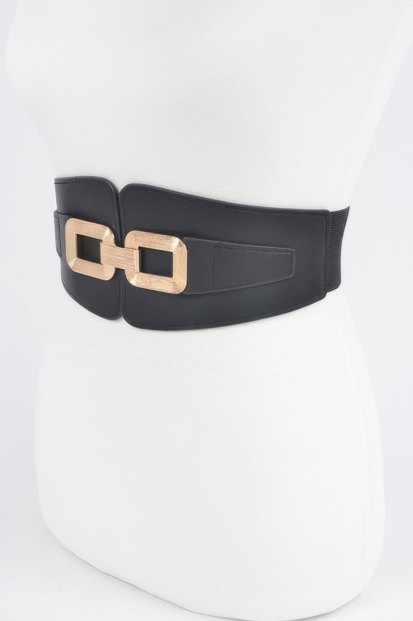 Black wide elastic belt with gold square buckle centerpiece and side pull tab