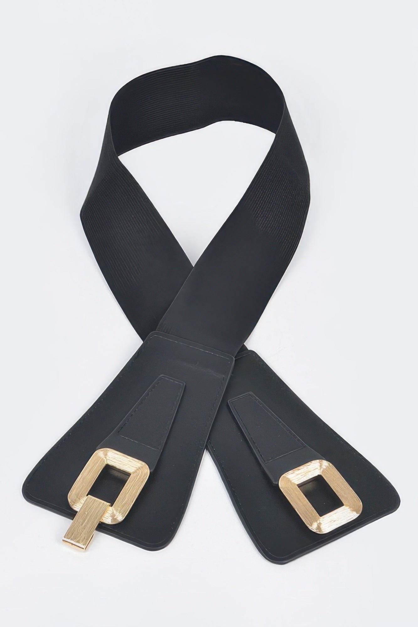 Black fabric belt with gold square buckle ends and looped strap