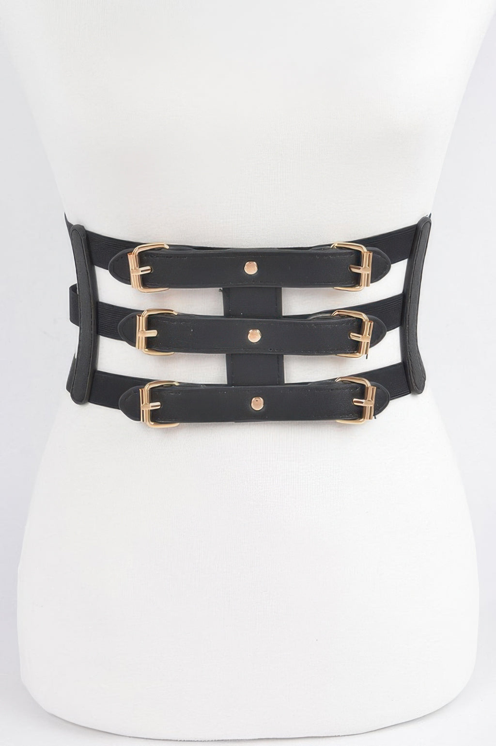 Wide elastic plus-size belt, black with gold-tone rectangular buckles and rivets