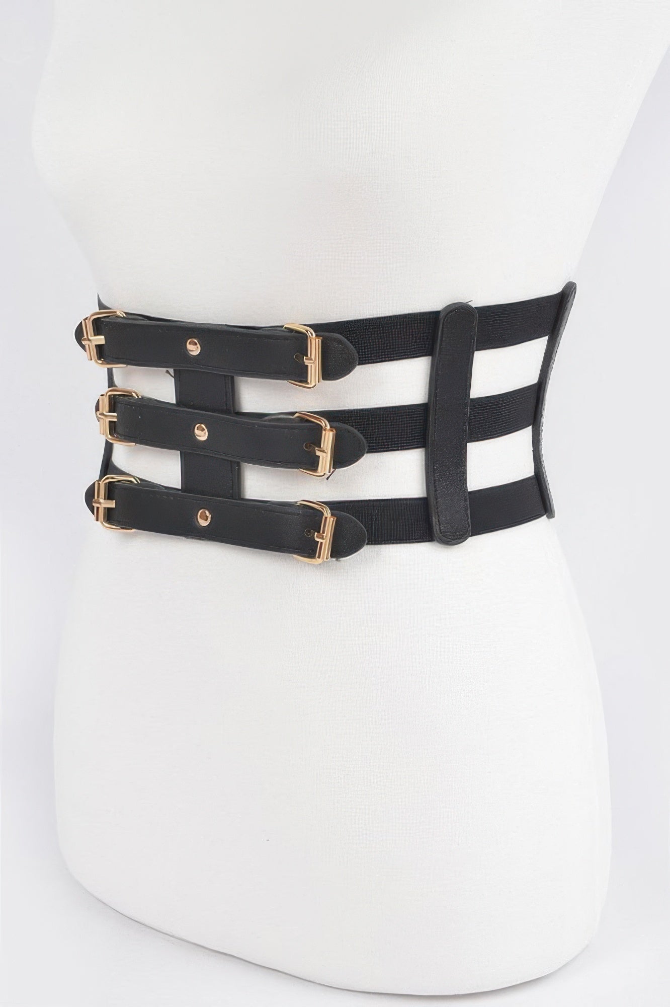 Wide elastic belt in black with three gold-tone buckles, front view on torso
