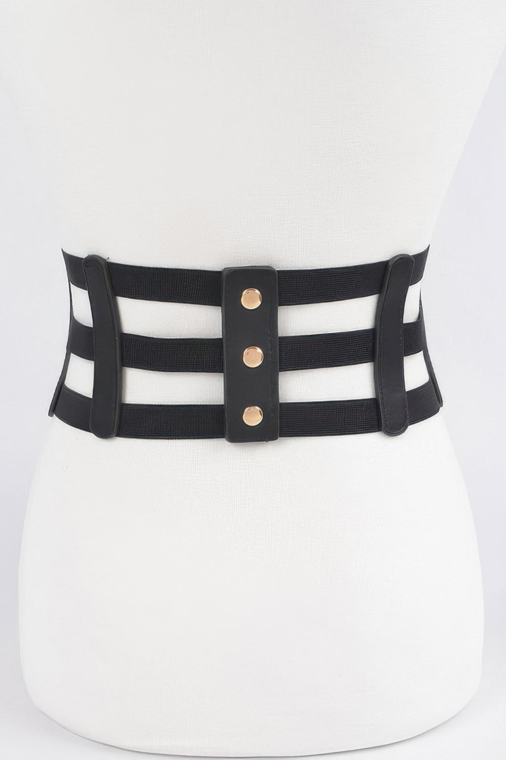 Back view: Black wide elastic belt with center strap and three gold rivet details