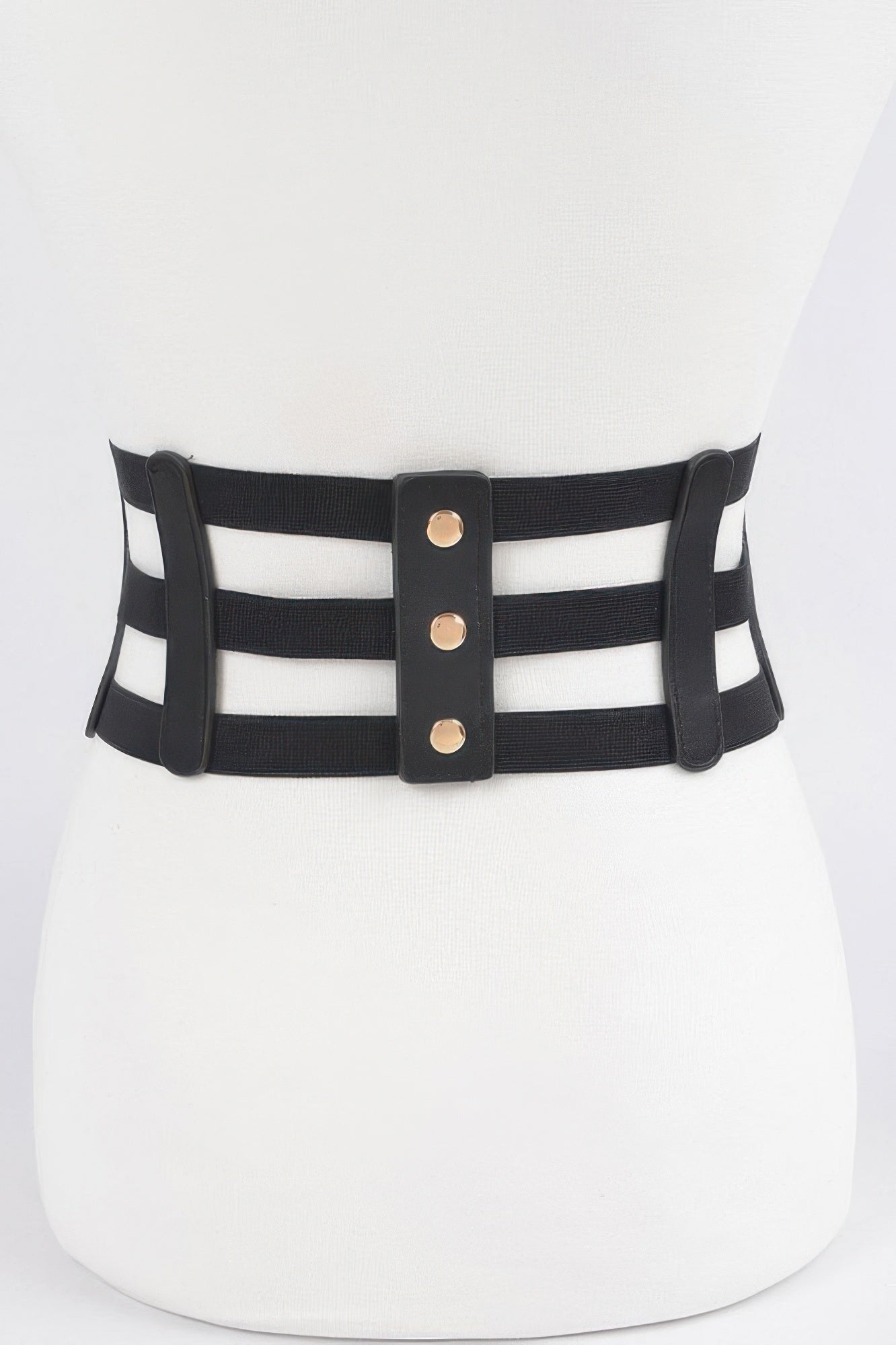 Back view: Black wide elastic belt with center strap and three gold rivet details