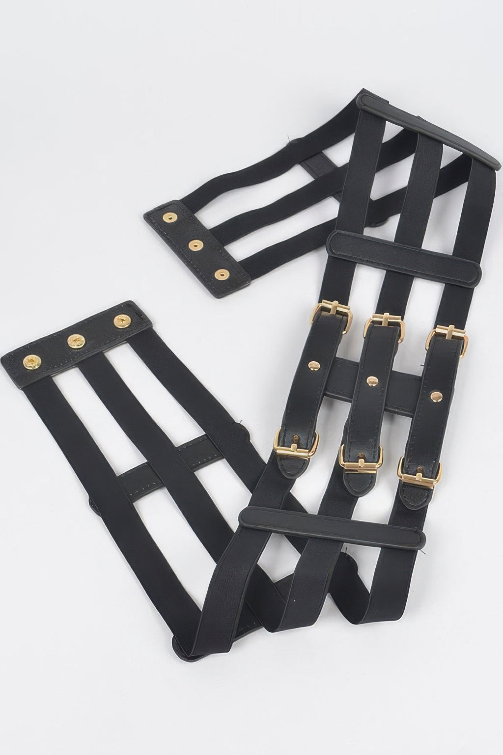 Set of black wide elastic straps with gold-tone buckles and square rings