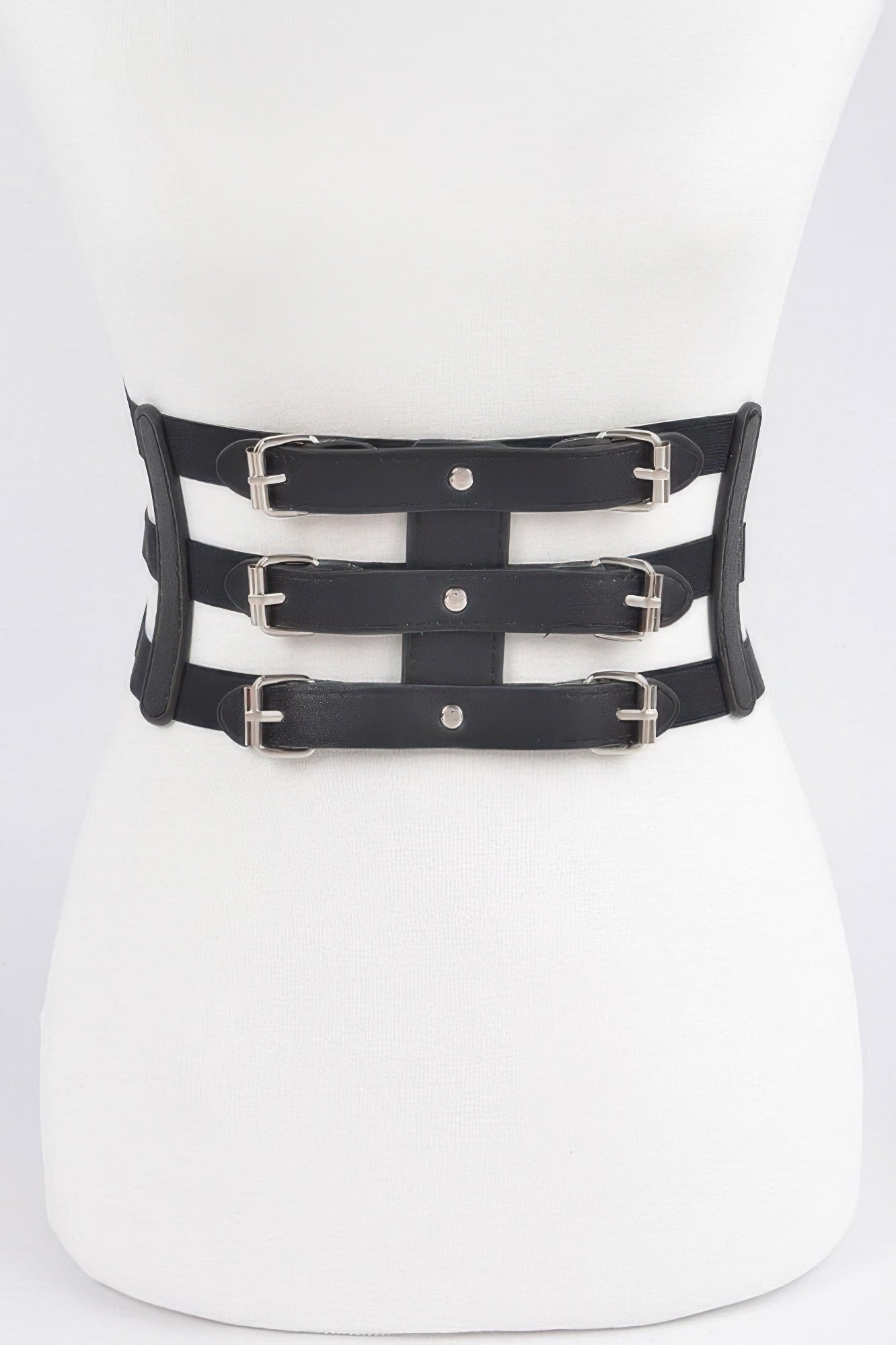 Wide elastic plus-size belt, black with silver-tone buckles and gold rivet dots
