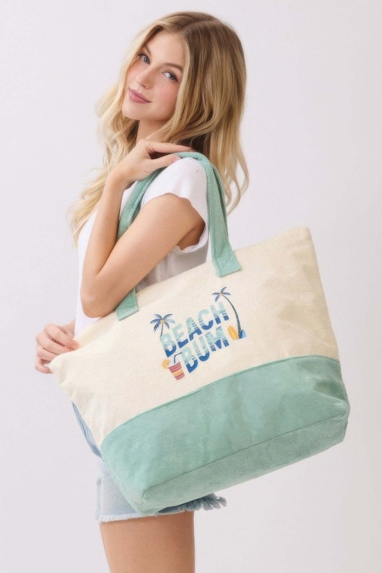 Beach Bum Terry Tote, cream canvas with mint green handles and bottom