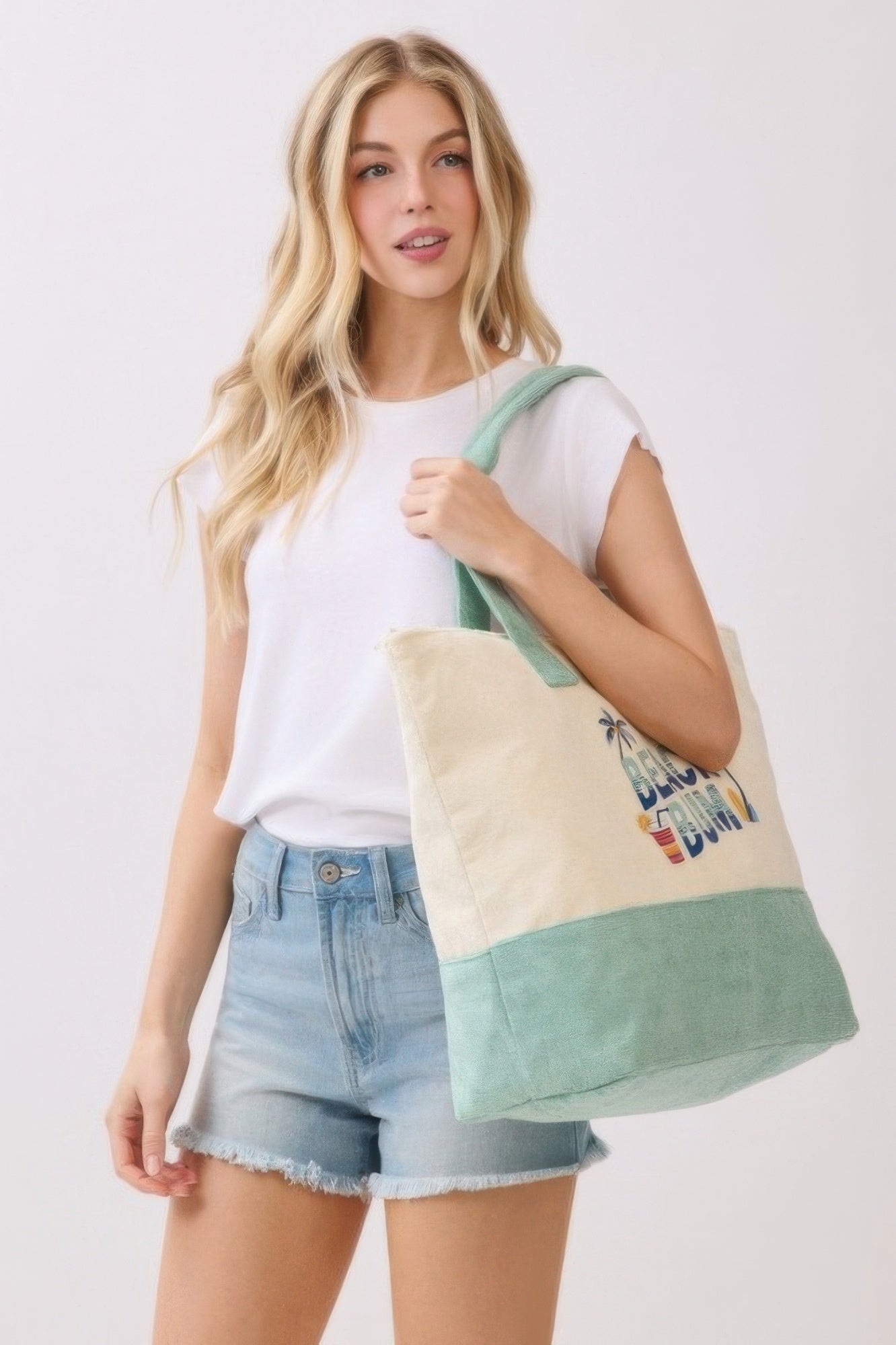 Beach Bum Terry Tote with beach-themed “Beach Bum” print, mint green base