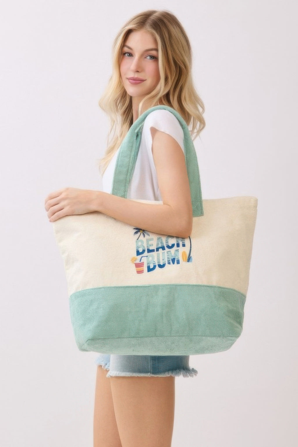 Beach Bum Terry Tote in cream and mint green, logo centered on front