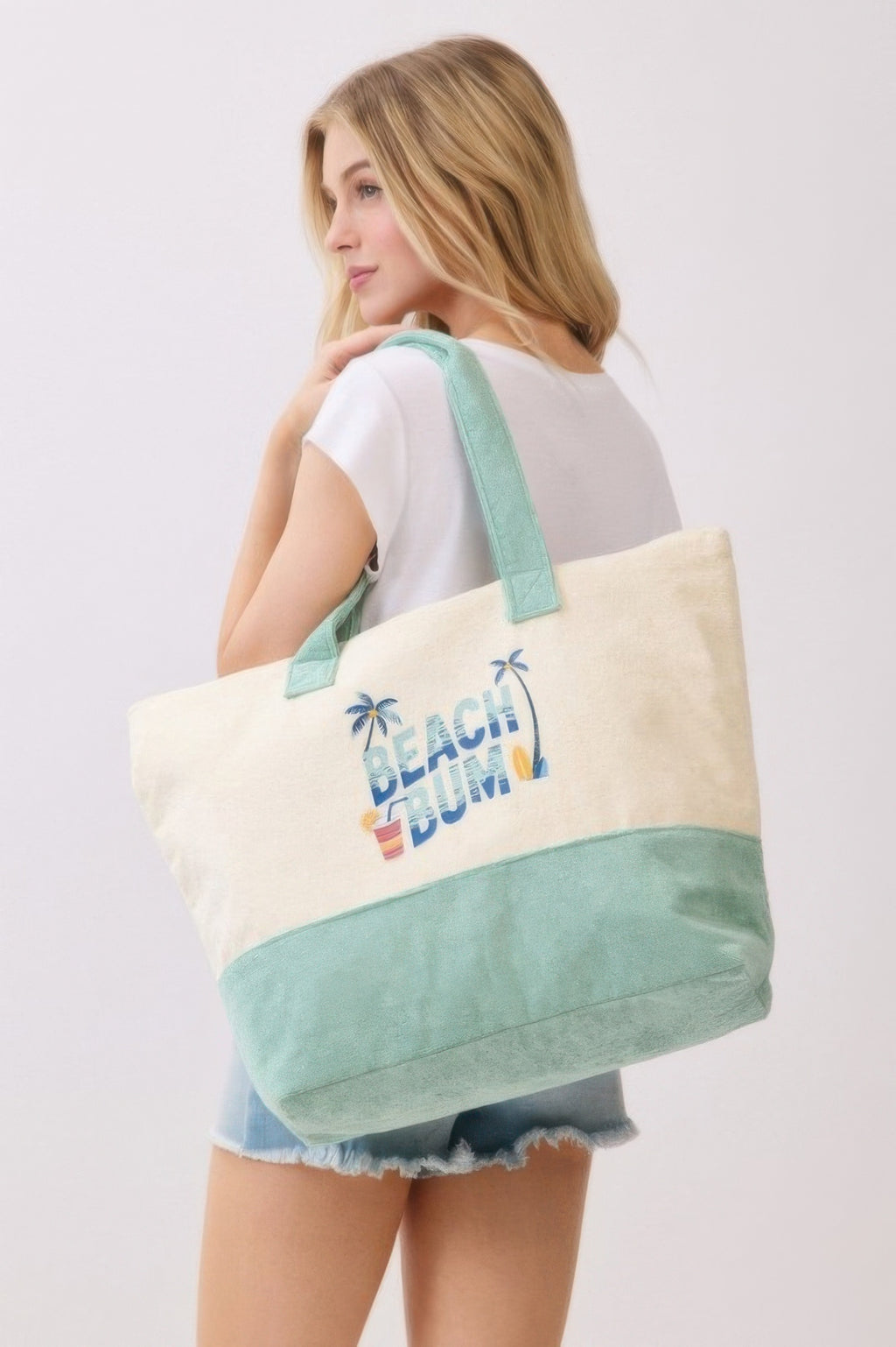 Beach Bum Terry Tote, cream body with mint green trim and wide flat bottom
