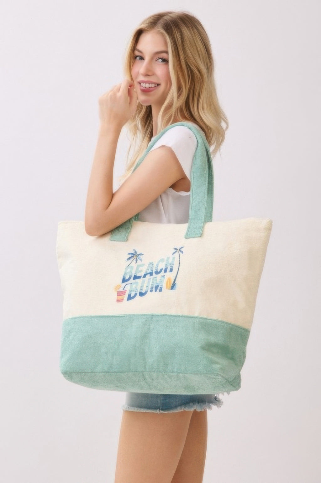 Beach Bum Terry Tote, cream front panel with “Beach Bum” graphic and mint base
