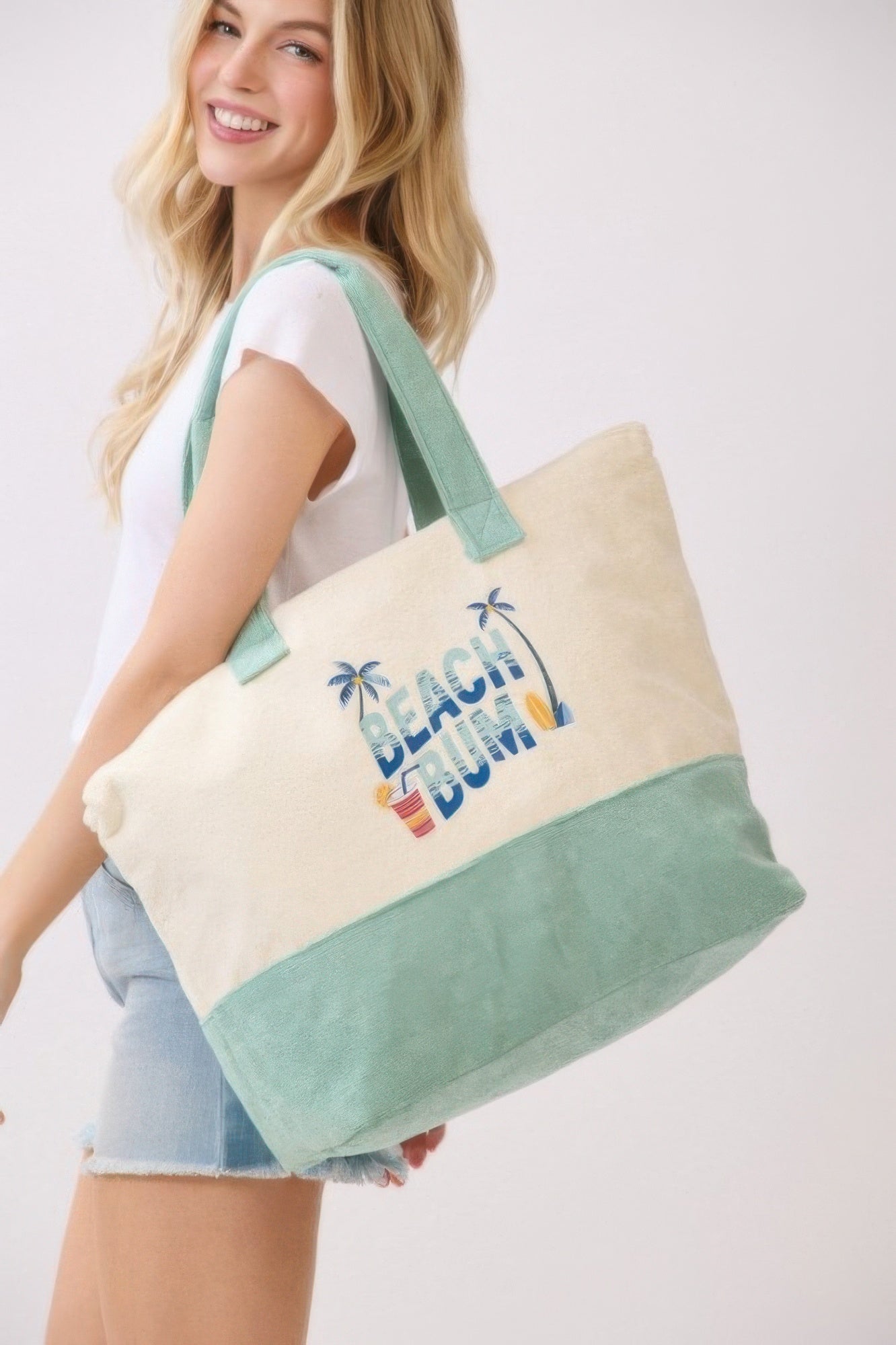 Beach Bum Terry Tote close-up of “Beach Bum” print on cream with mint green bottom