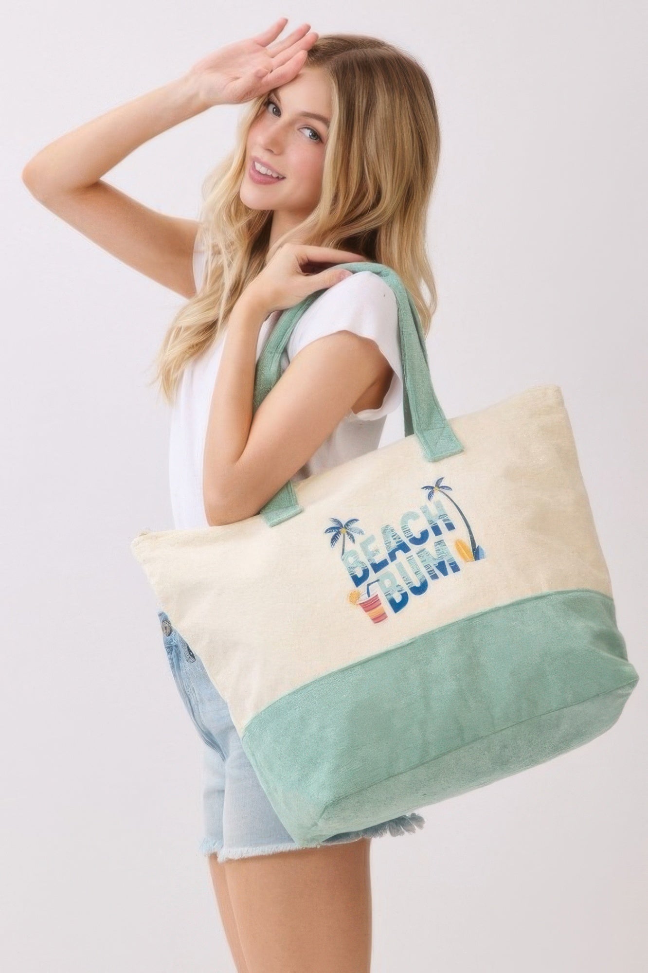 Beach Bum Terry Tote, cream canvas with mint green handles and beach graphic