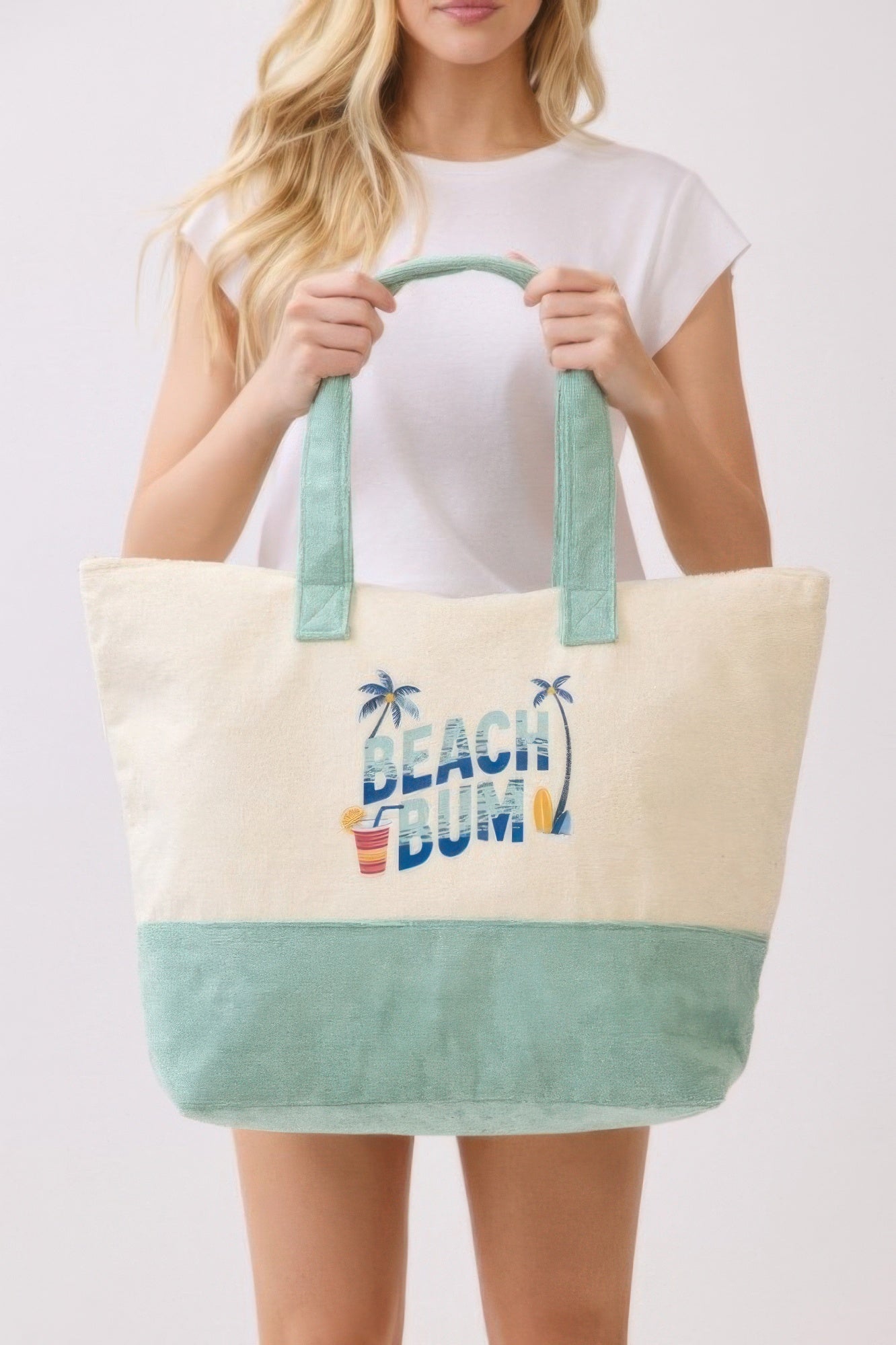 Beach Bum Terry Tote held upright: cream body, mint green top handles and bottom