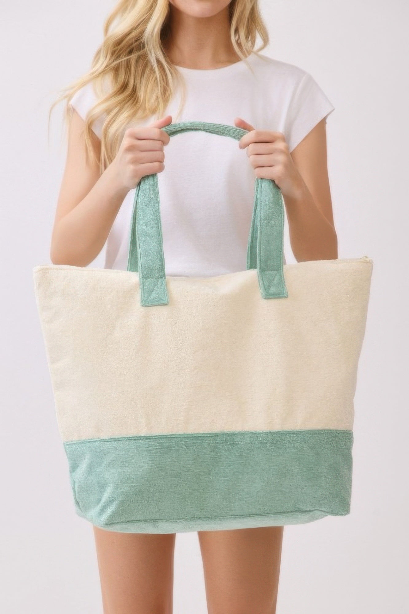 Beach Bum Terry Tote front view with mint green handles and lower panel