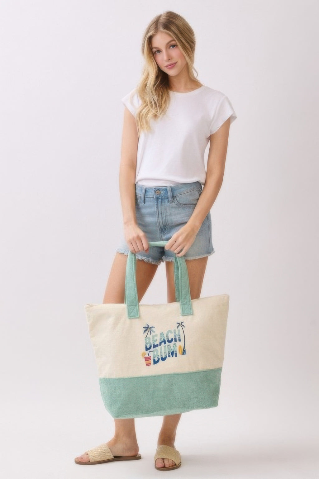 Beach Bum Terry Tote in cream and mint green, “Beach Bum” logo on front