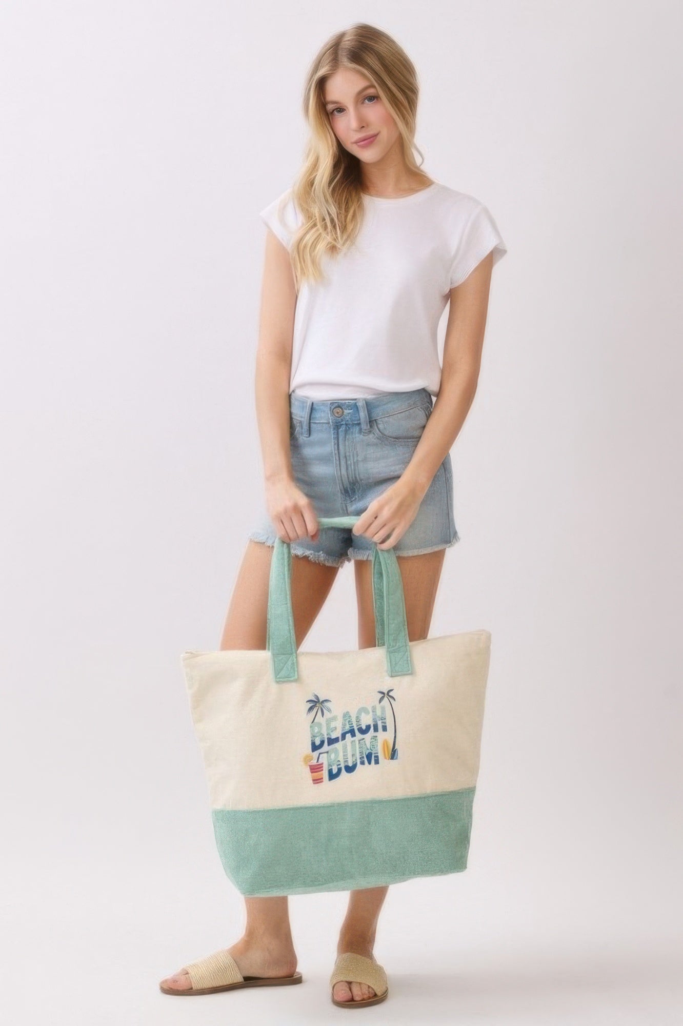 Beach Bum Terry Tote in cream and mint green, “Beach Bum” logo on front