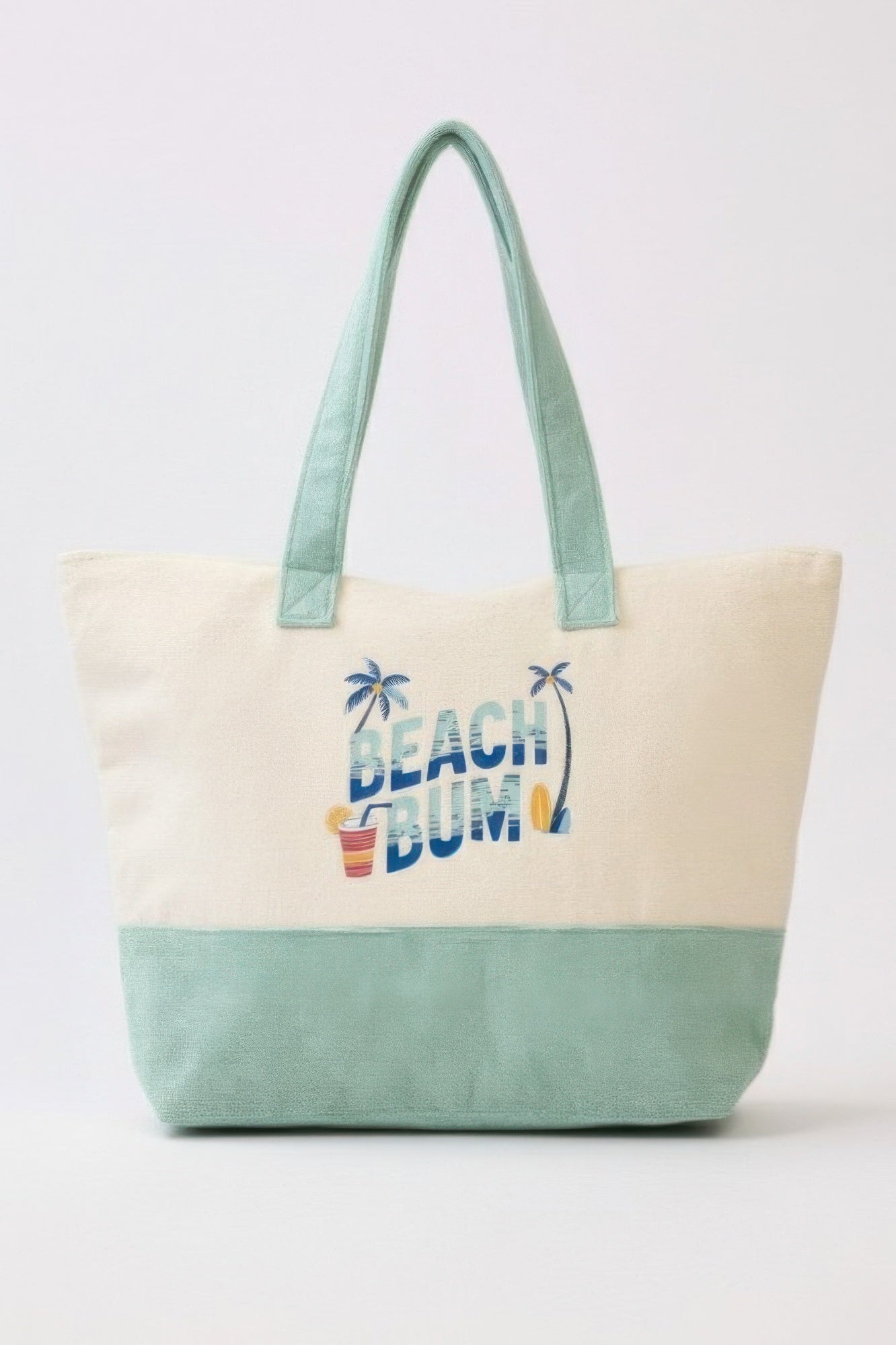 Beach Bum Terry Tote: two-tone terry tote with Beach Bum graphic, light green handles