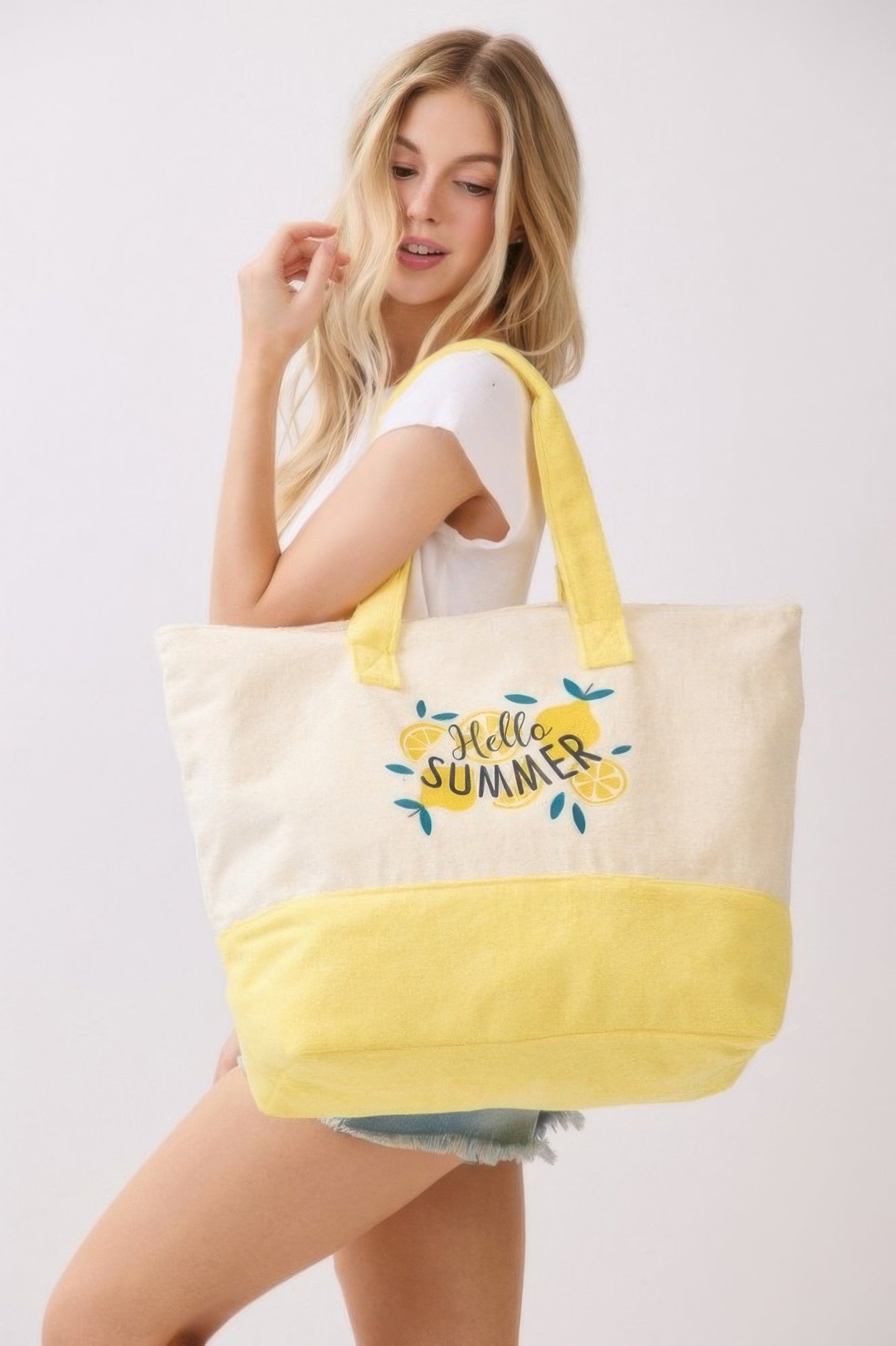 Hello Summer Terry Tote in cream with yellow bottom and handles, “Hello Summer” front print