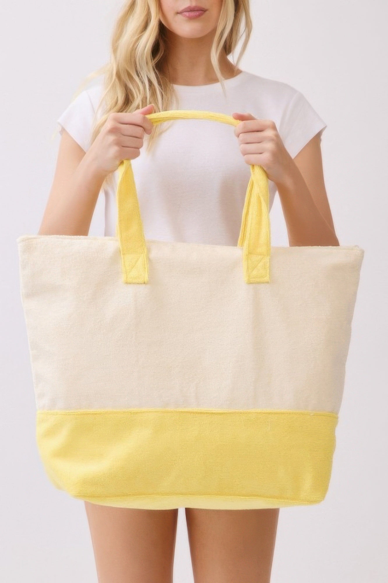 Hello Summer Terry Tote, cream bag with yellow trim and top handles; no logo visible