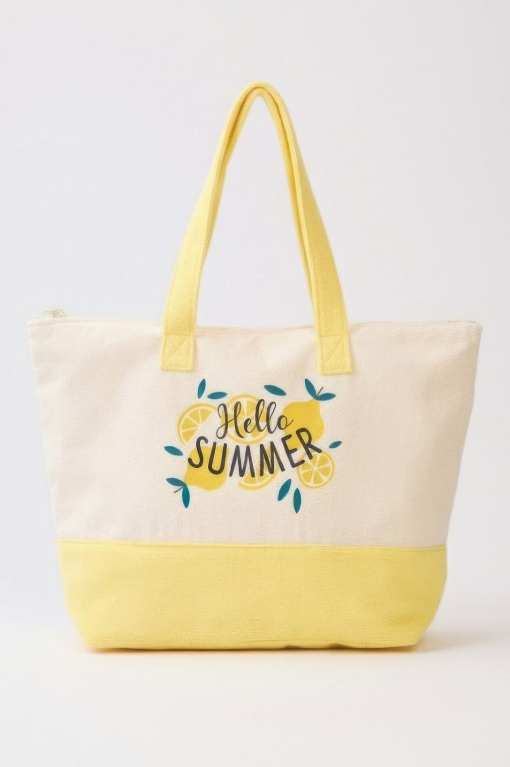 Hello Summer Tote, cream canvas with yellow bottom and handles, “Hello Summer” front graphic