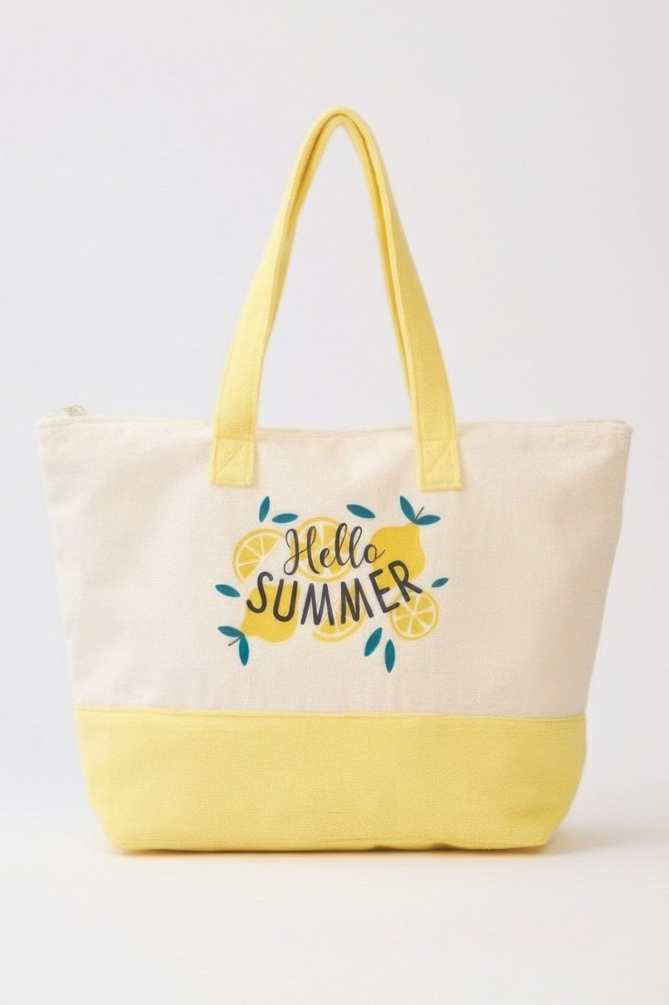 Hello Summer Tote, cream canvas with yellow bottom and handles, “Hello Summer” front graphic