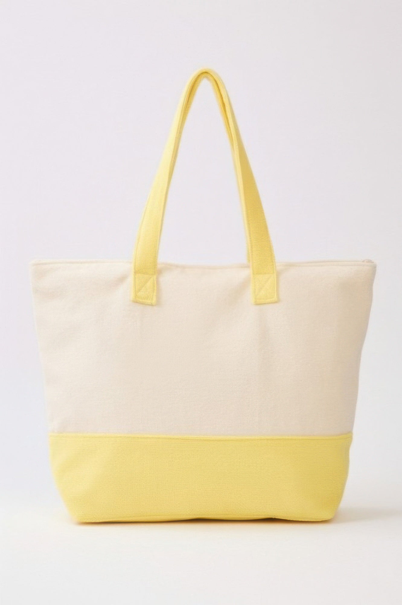 Hello Summer tote with cream body and yellow bottom band, yellow carry handles