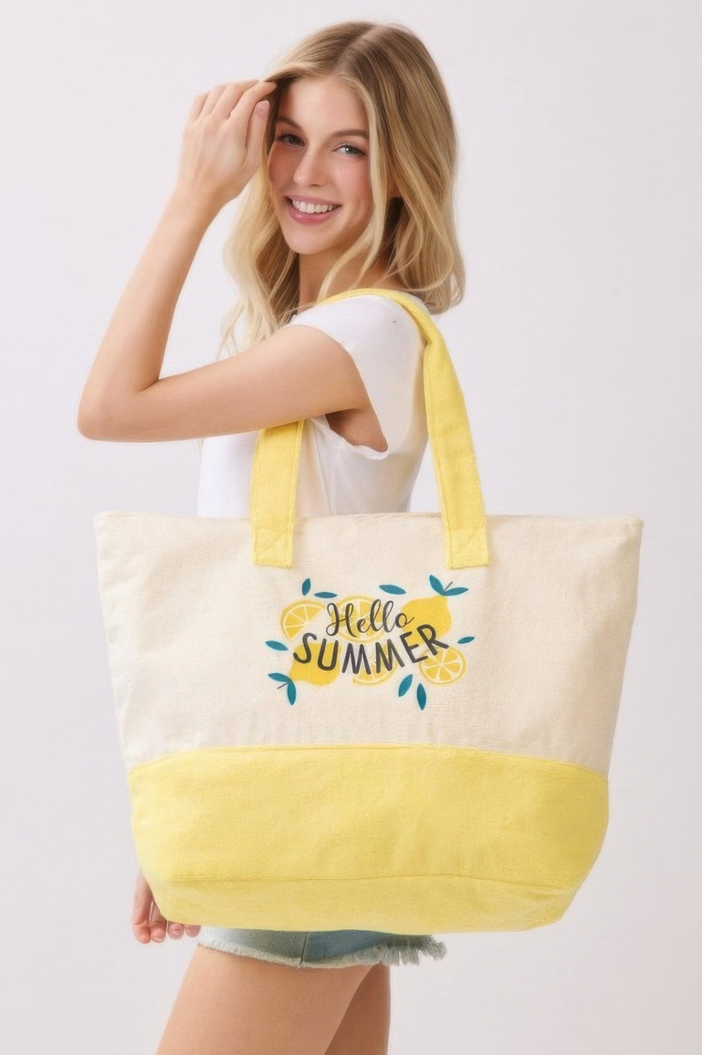 Hello Summer Terry Tote on yellow and cream design, “Hello Summer” front print and straps