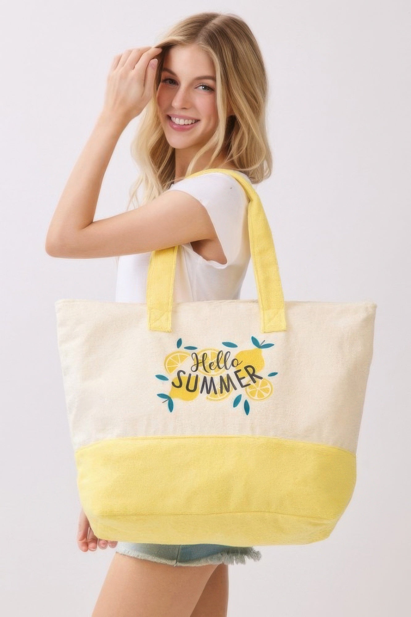 Hello Summer Terry Tote on yellow and cream design, “Hello Summer” front print and straps