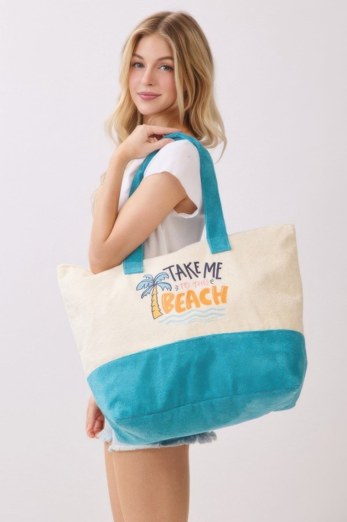 Take Me To The Beach terry tote bag, cream with teal handles and bottom stripe