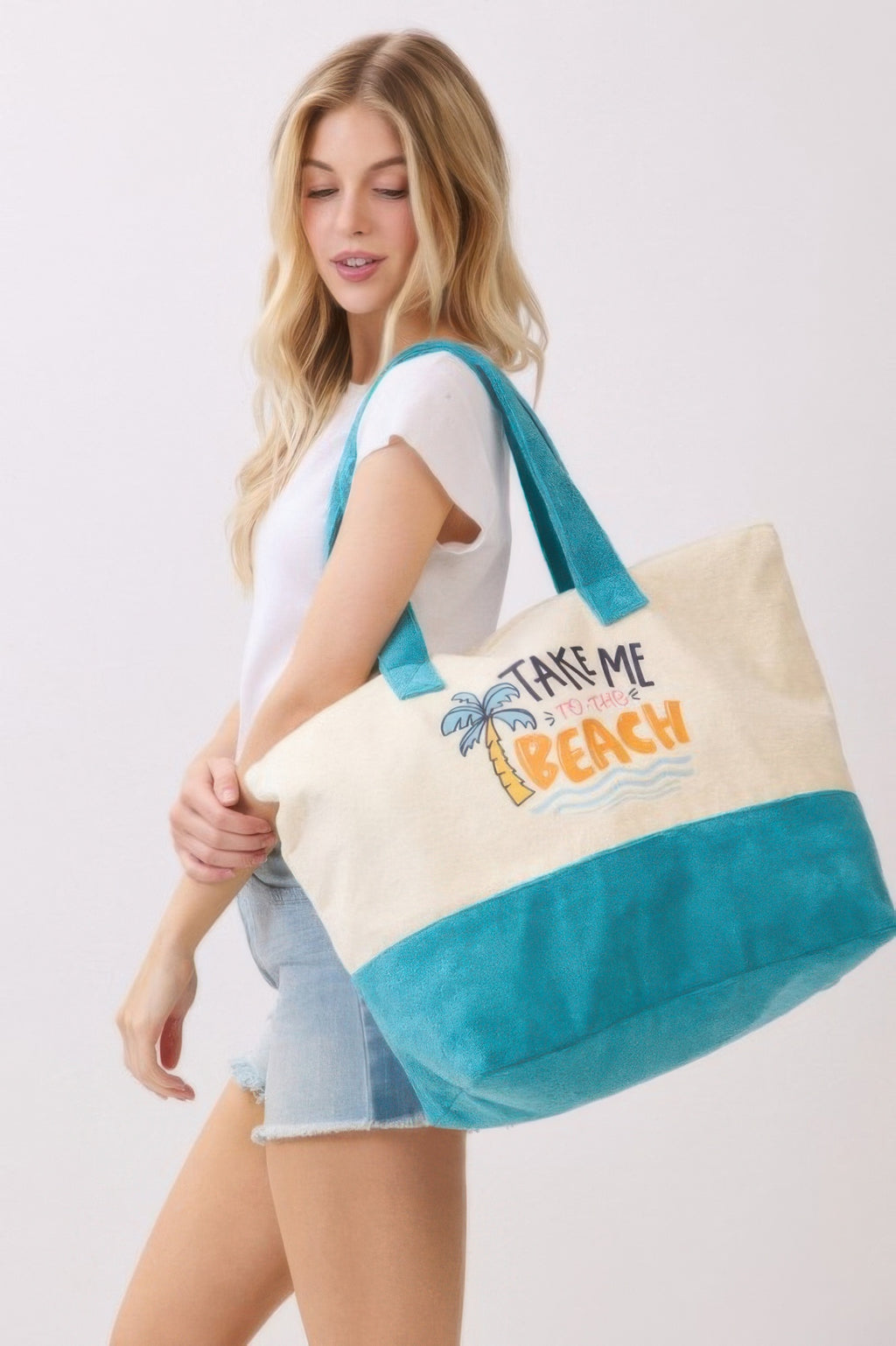 Take Me To The Beach beach tote, cream canvas with teal strap and bottom band