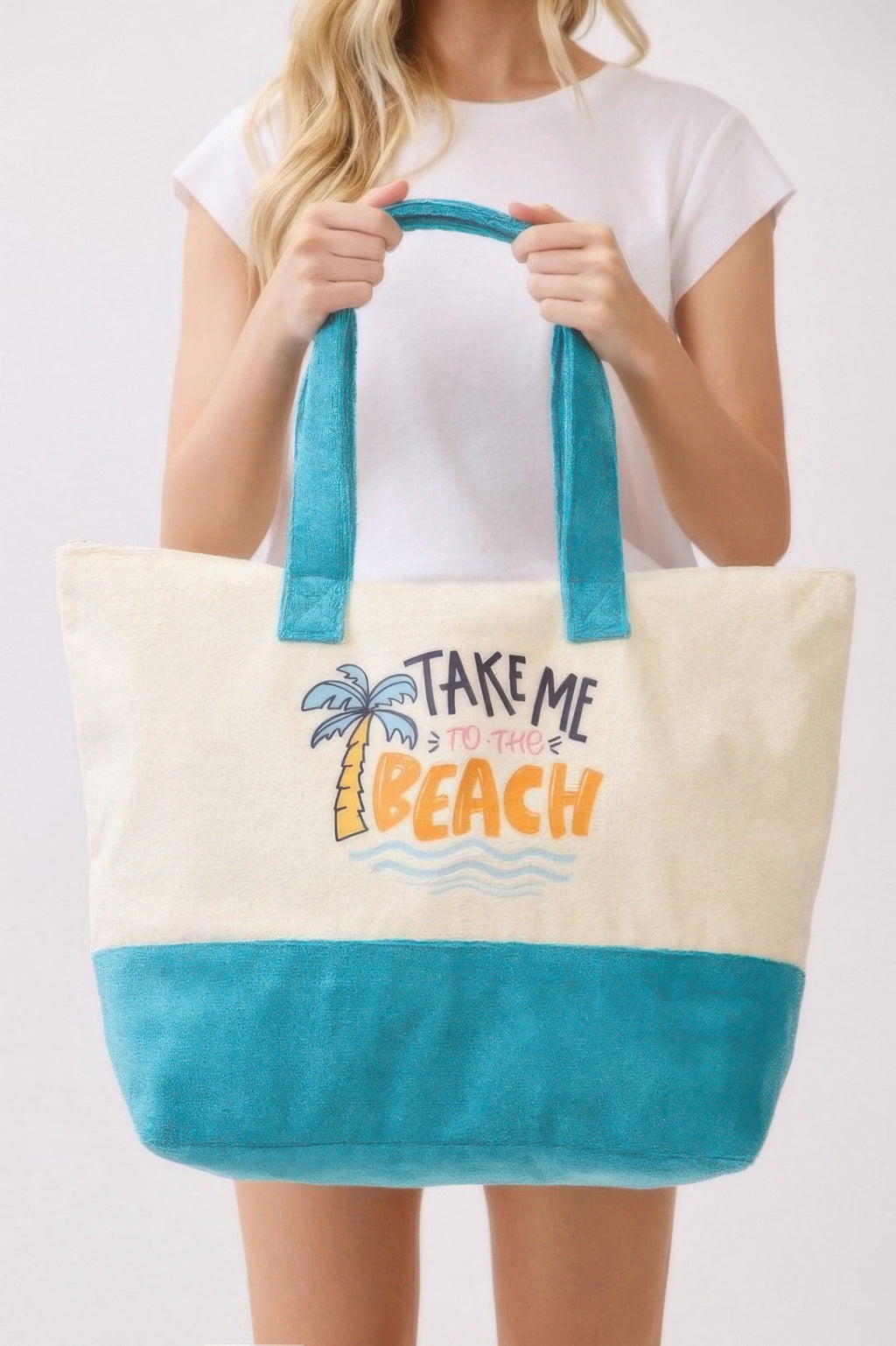 Take Me To The Beach tote with teal rope-like handles and front logo