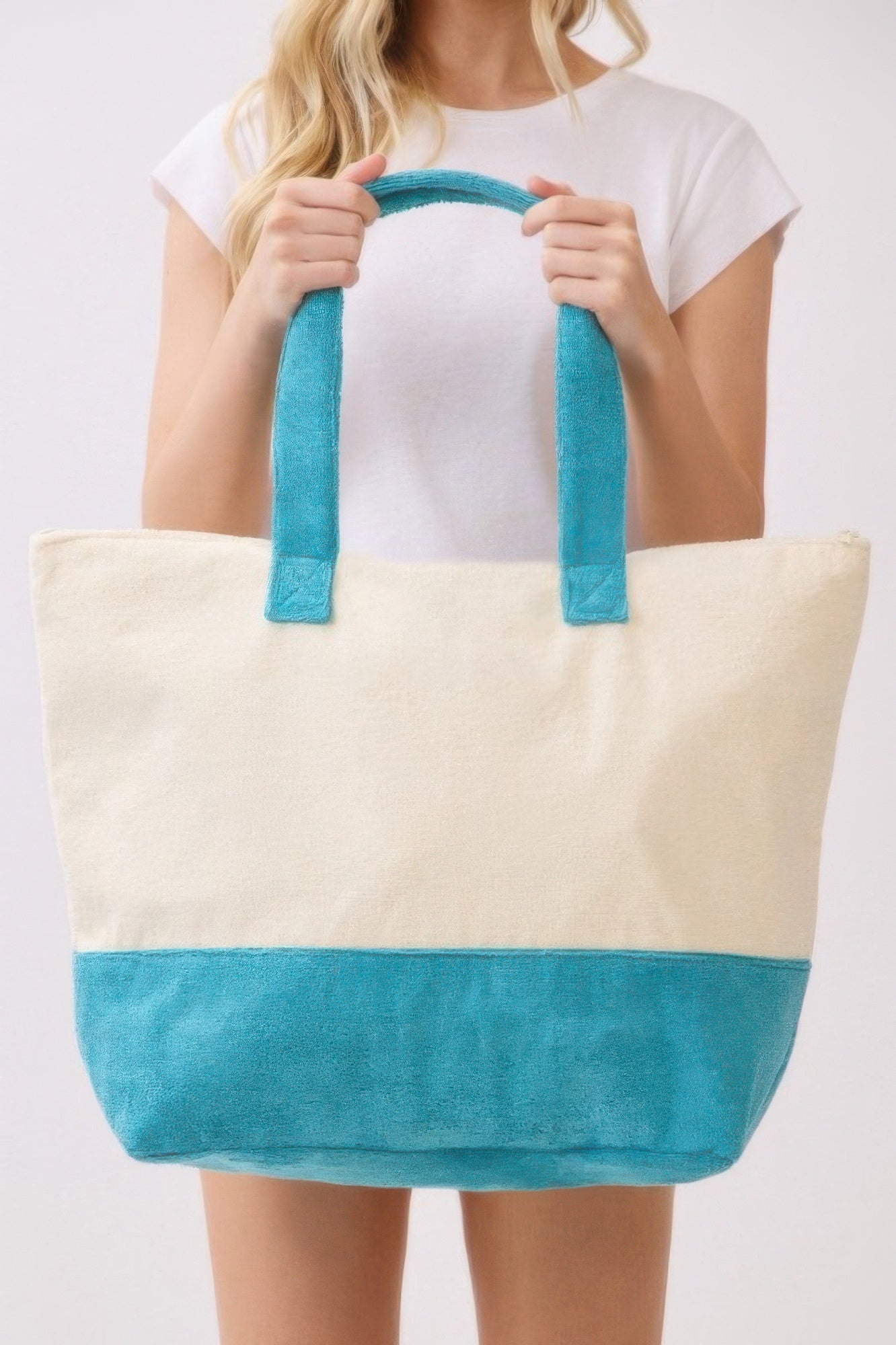 Take Me To The Beach tote bag front view, cream body with teal bottom band