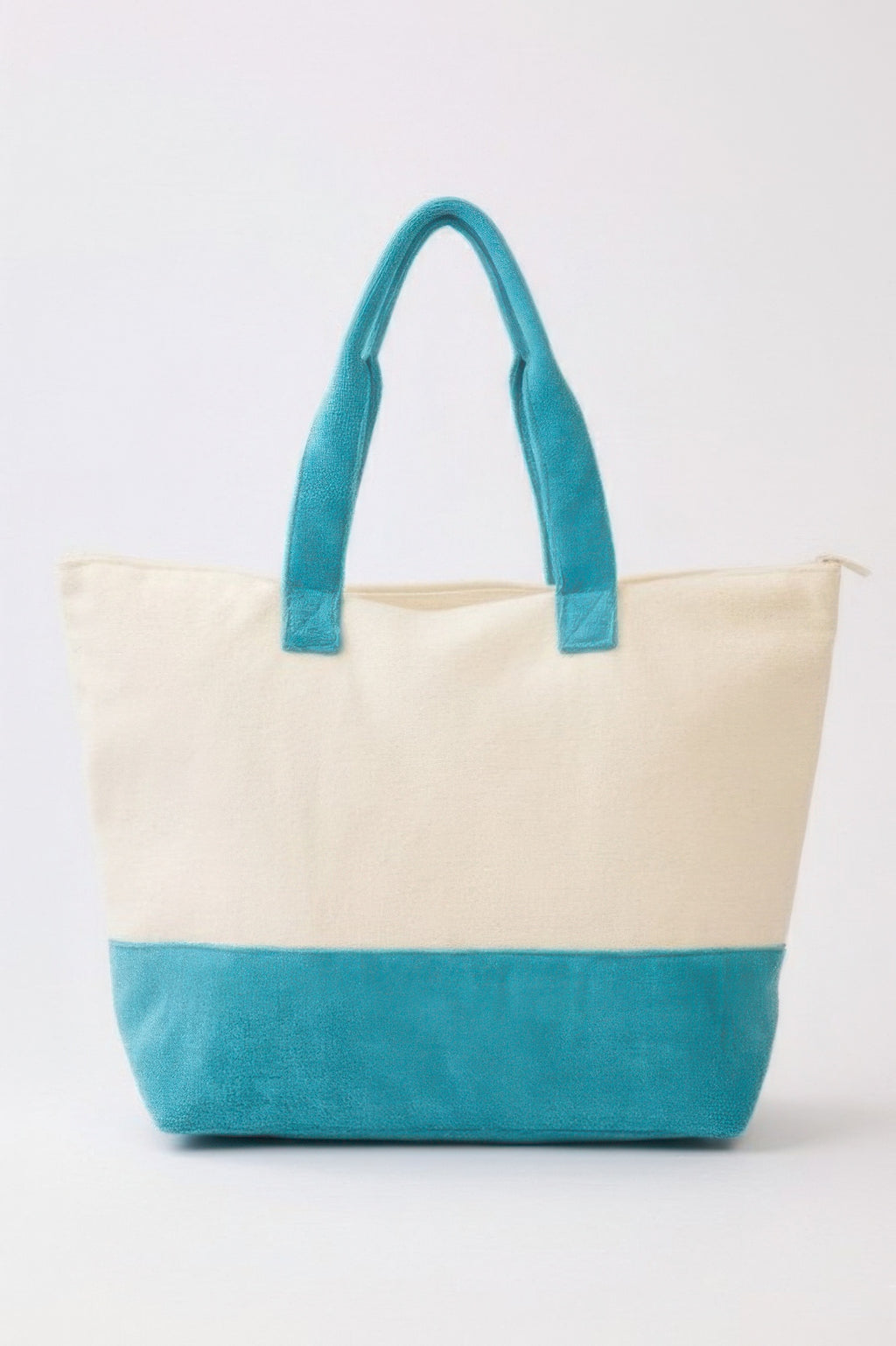 Take Me To The Beach terry tote, two-tone blue and cream with top handles
