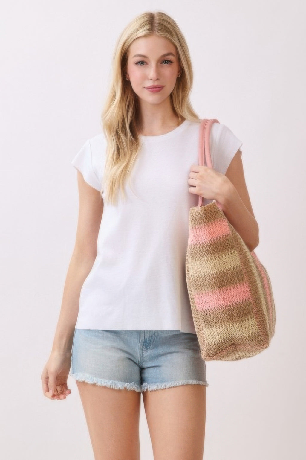 Multi-color stripe straw tote bag with pink handles