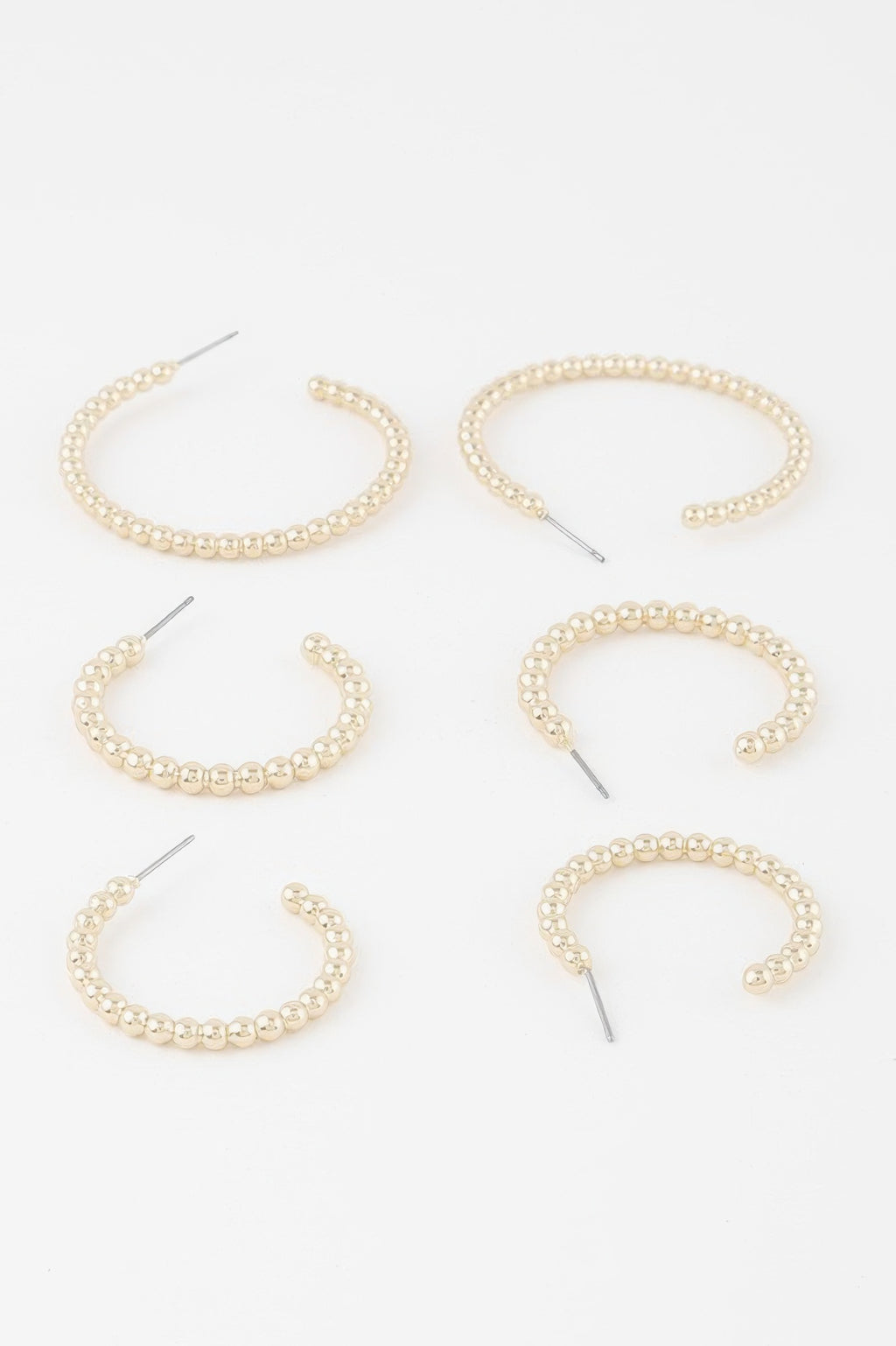 Pearl-bead open hoop earrings set (gold), multiple hoops with posts