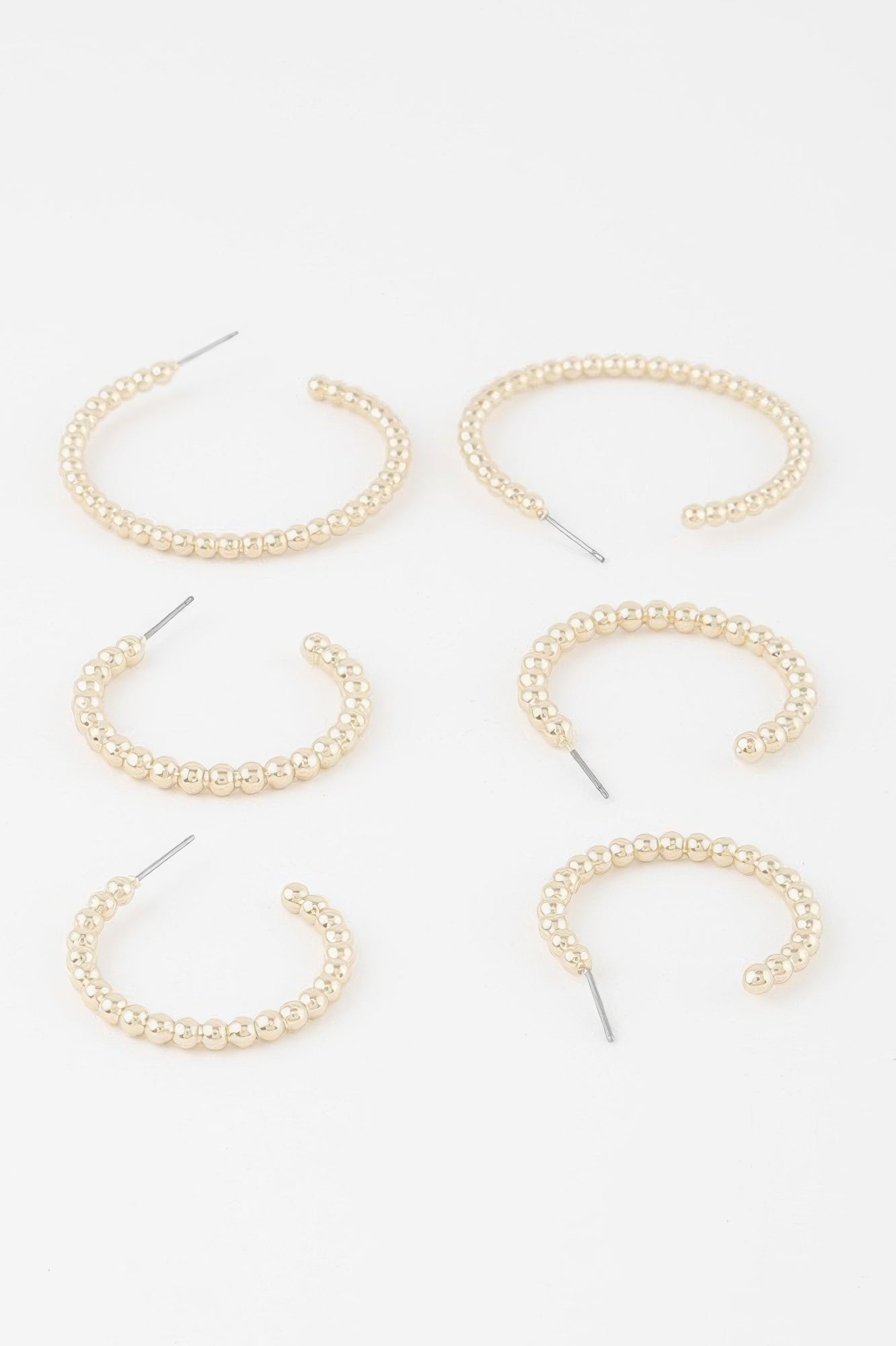 Pearl-bead open hoop earrings set (gold), multiple hoops with posts