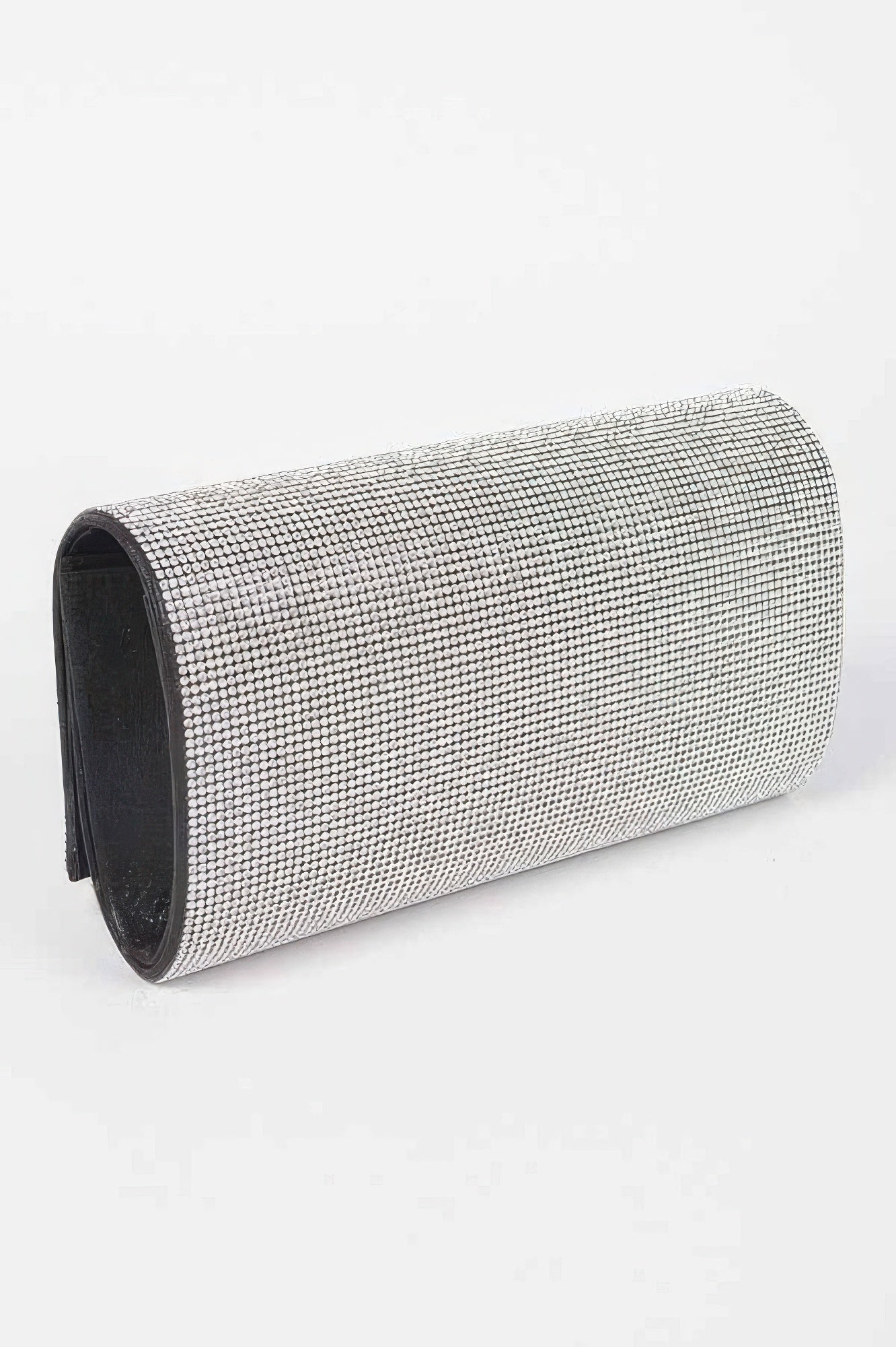 Rhinestone Party Clutch silver mesh, side profile with black trim