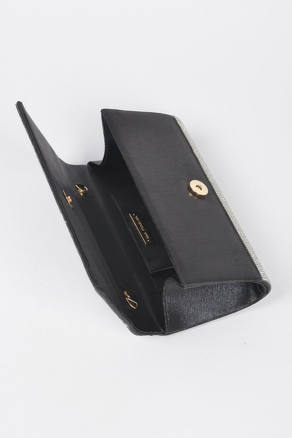 Rhinestone Party Clutch open view with black lining and gold-tone hardware