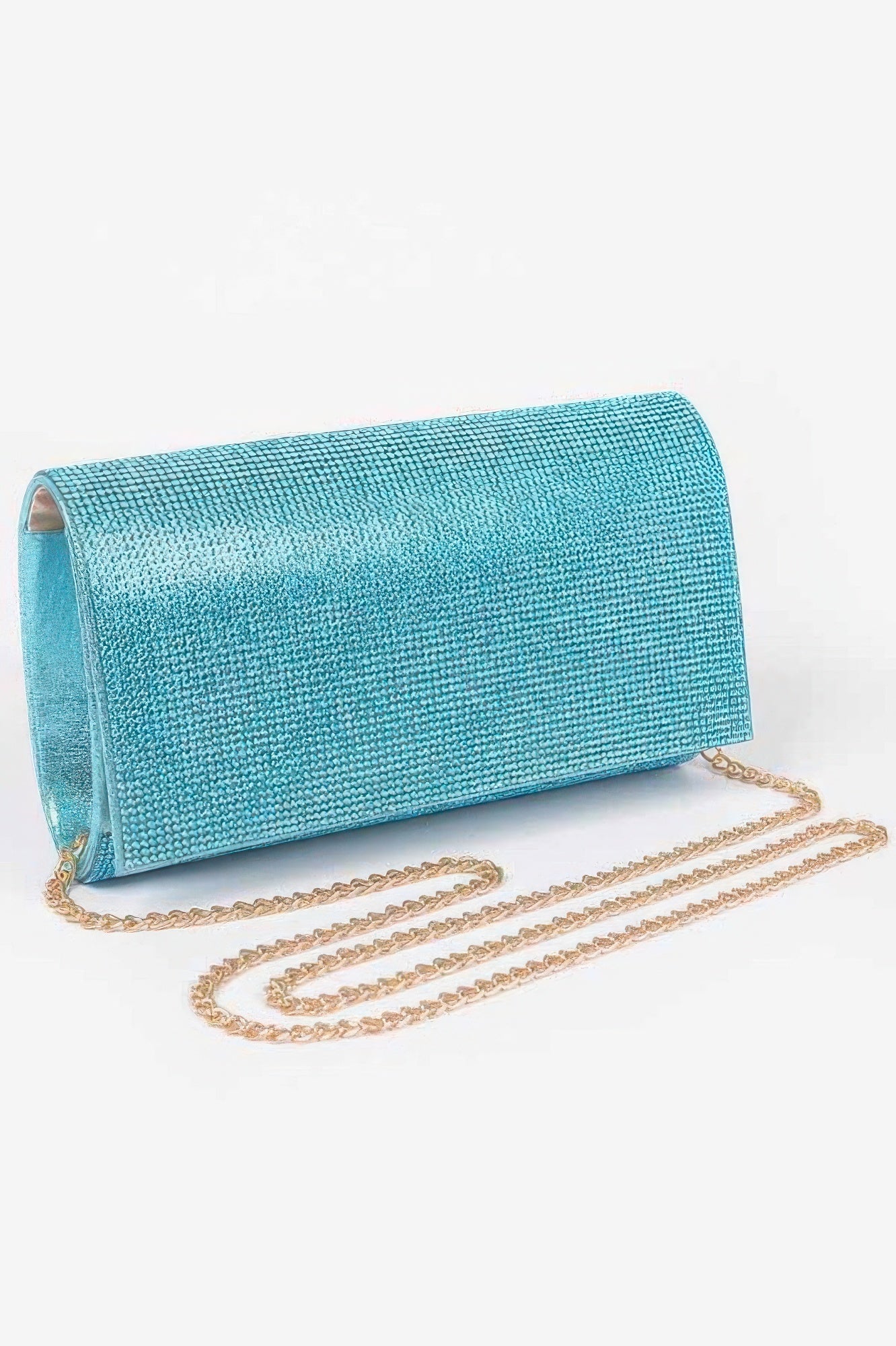 Rhinestone Party Clutch turquoise rhinestone mesh with gold chain