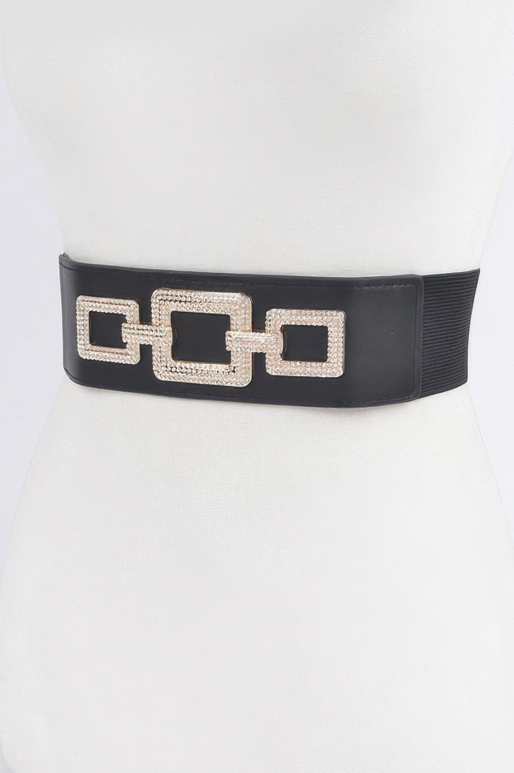 Rhinestone Link Elastic Belt, black wide belt with rhinestone-trimmed square link detail