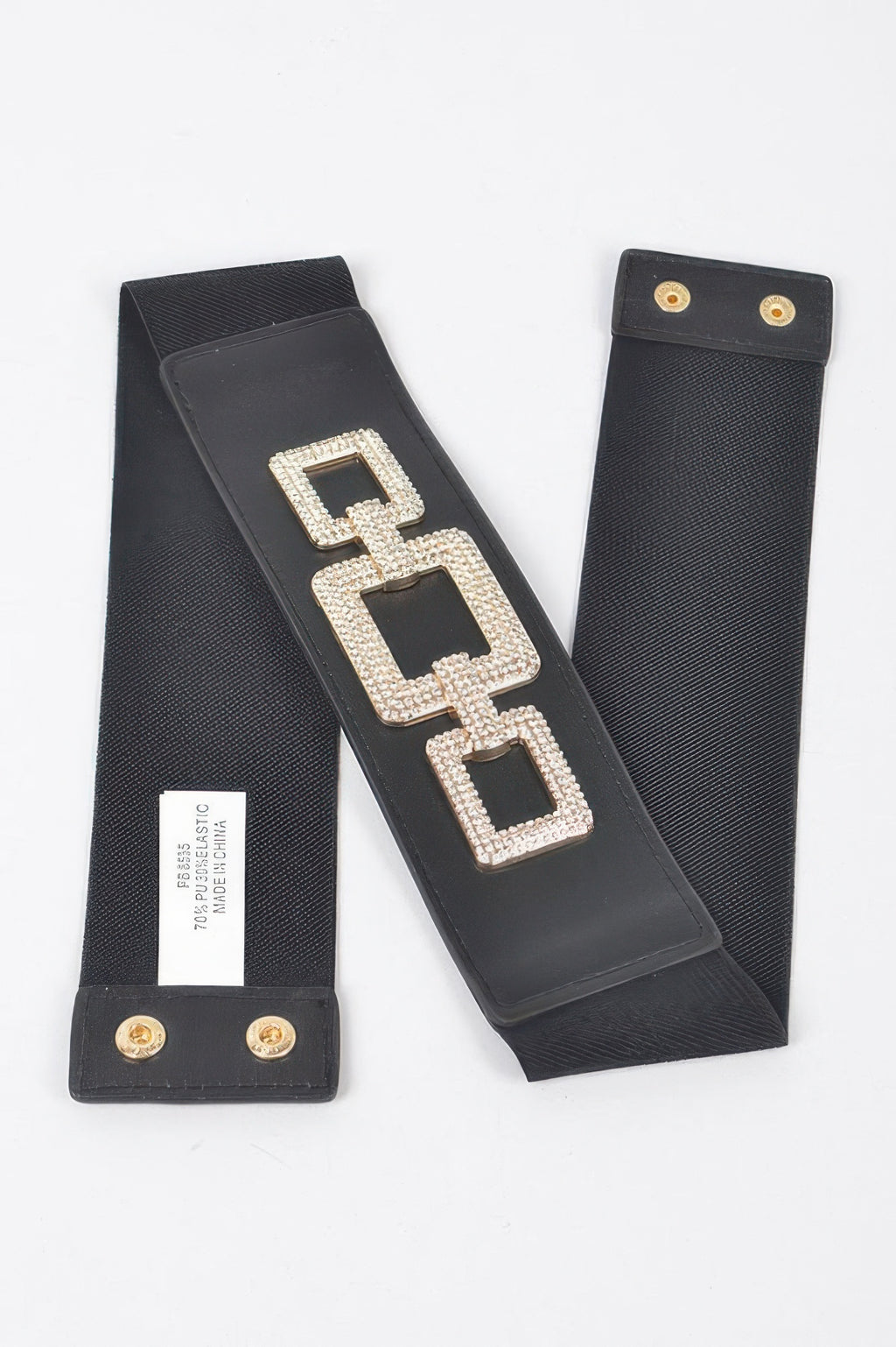Rhinestone Link Elastic Belt, black wide belt with rhinestone square links and snap closure